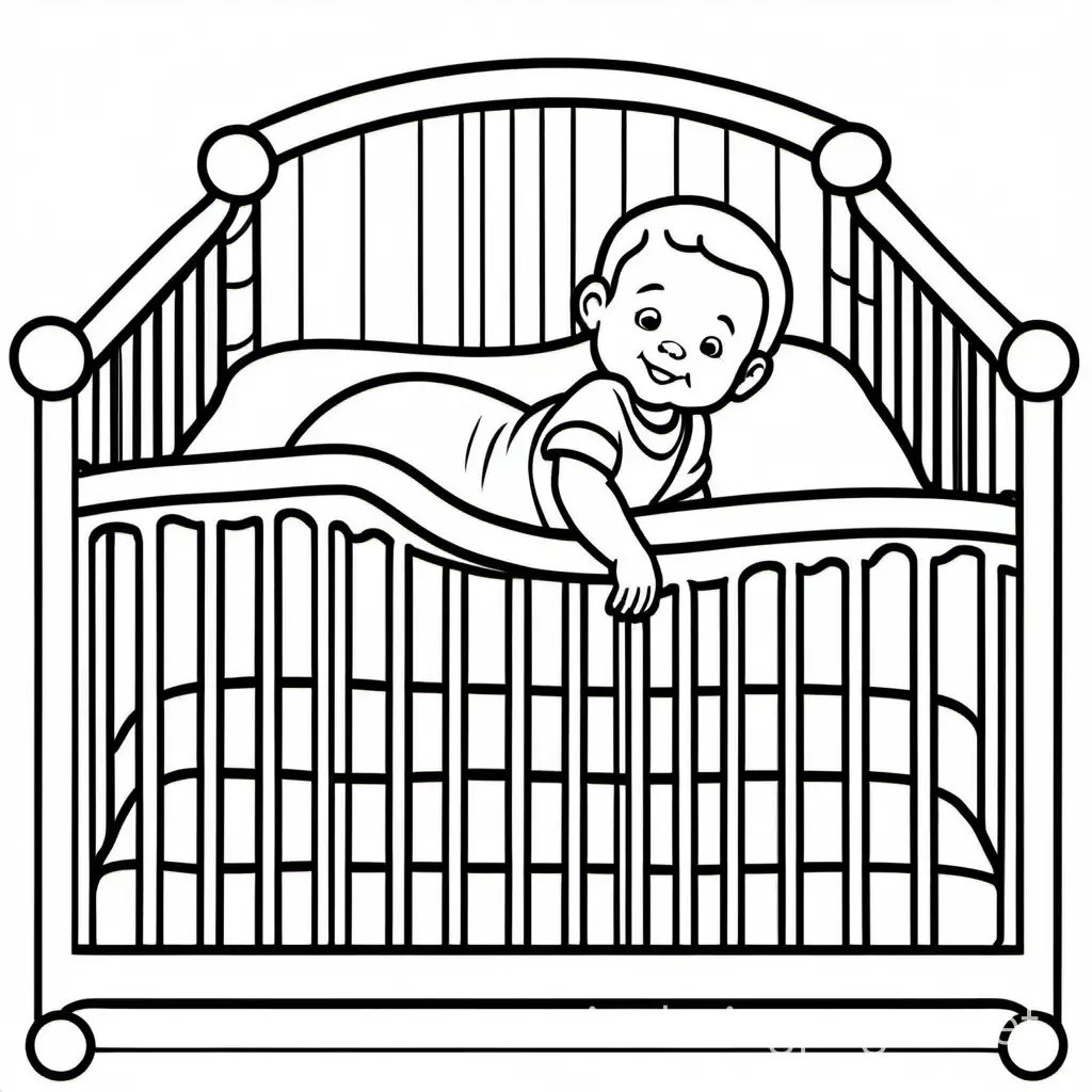 cute baby in crib, Coloring Page, black and white, line art, white background, Simplicity, Ample White Space. The background of the coloring page is plain white to make it easy for young children to color within the lines. The outlines of all the subjects are easy to distinguish, making it simple for kids to color without too much difficulty