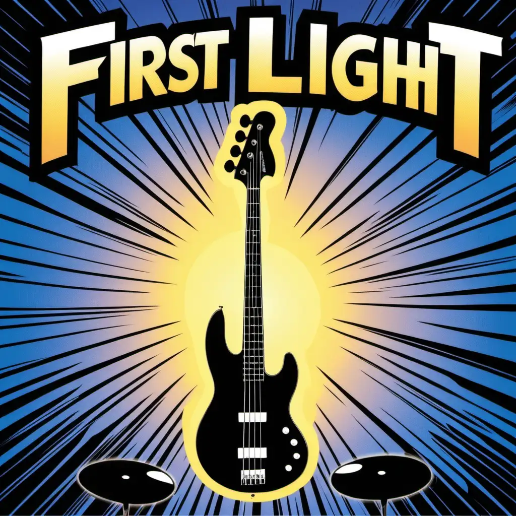 comic style cd cover for instrumental bass guitar, dance song called "First Light" with silhouette of bass headstock 
