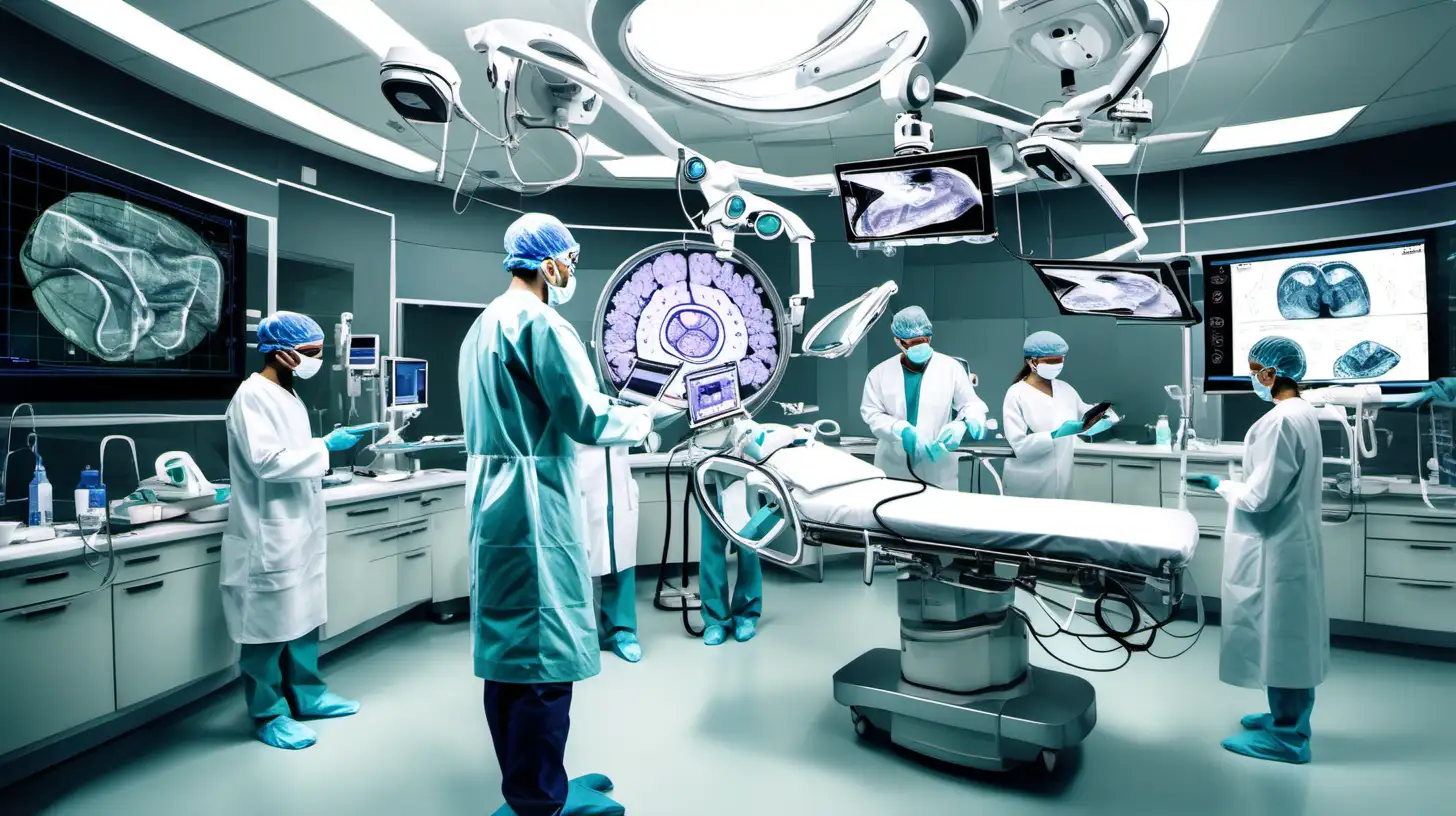 "Generate a futuristic medical scenario where surgeons use AR technology to visualize and interact with patient data in real-time during complex surgeries, enhancing precision and efficiency."