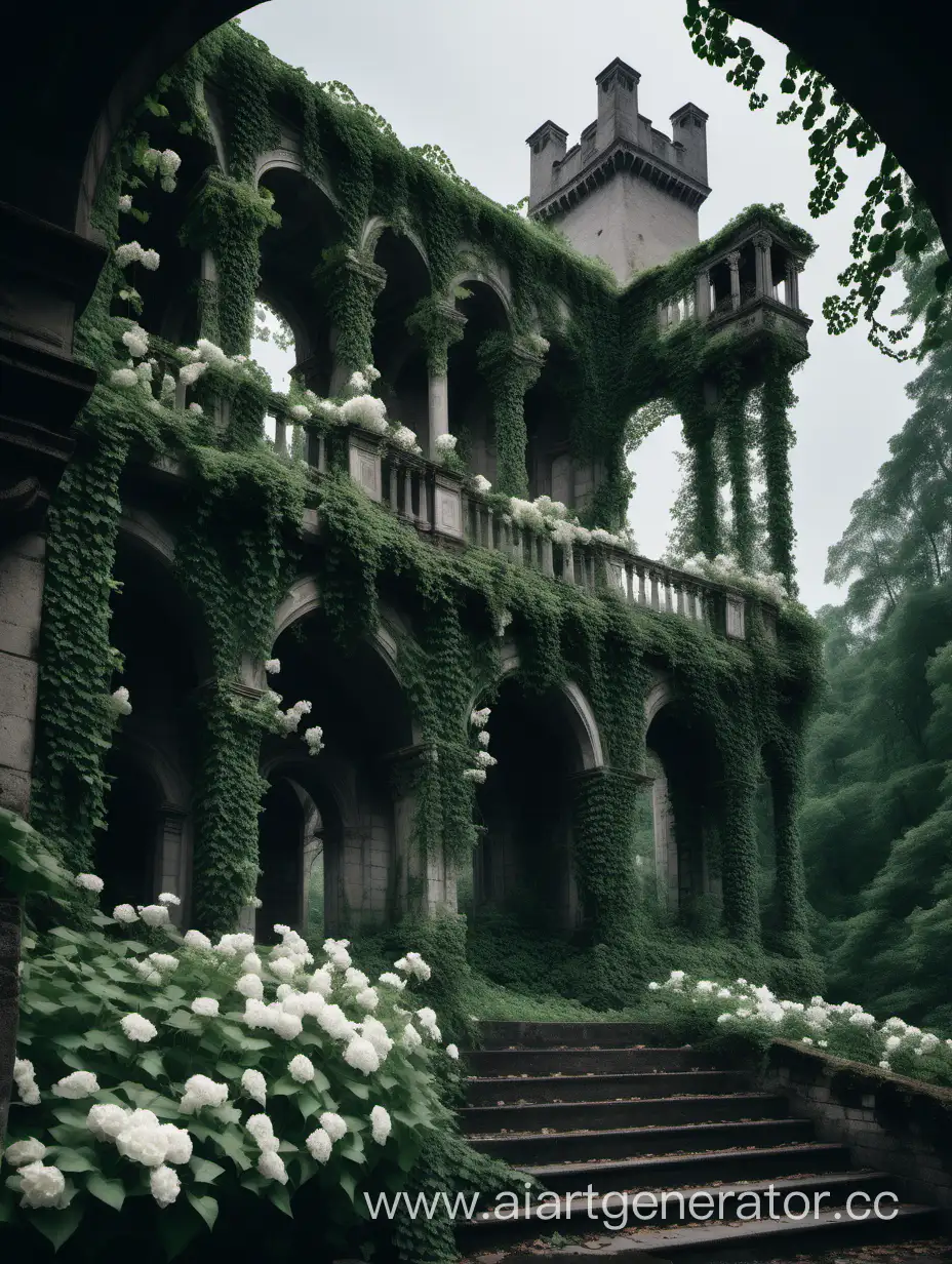 Развалины дворца среди мрачного темного леса, стены увиты плющем. Вокруг замка и на балюстрадах растут полупрозрачные белые цветы.
