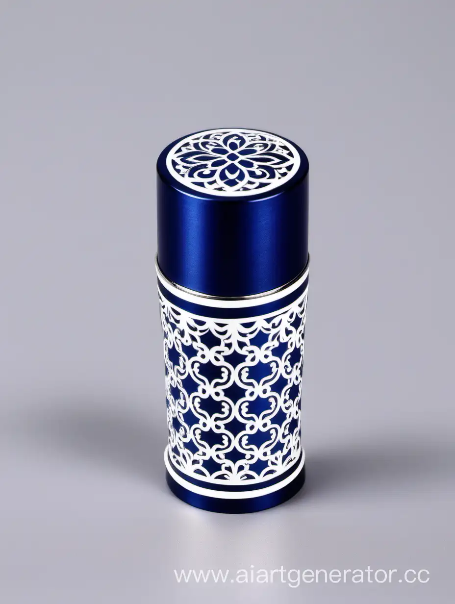 Zamac Perfume decorative ornamental long cap, SHINY DARK BLUE color with matt WHITE border line arabesque pattern shaped | metallizing finish