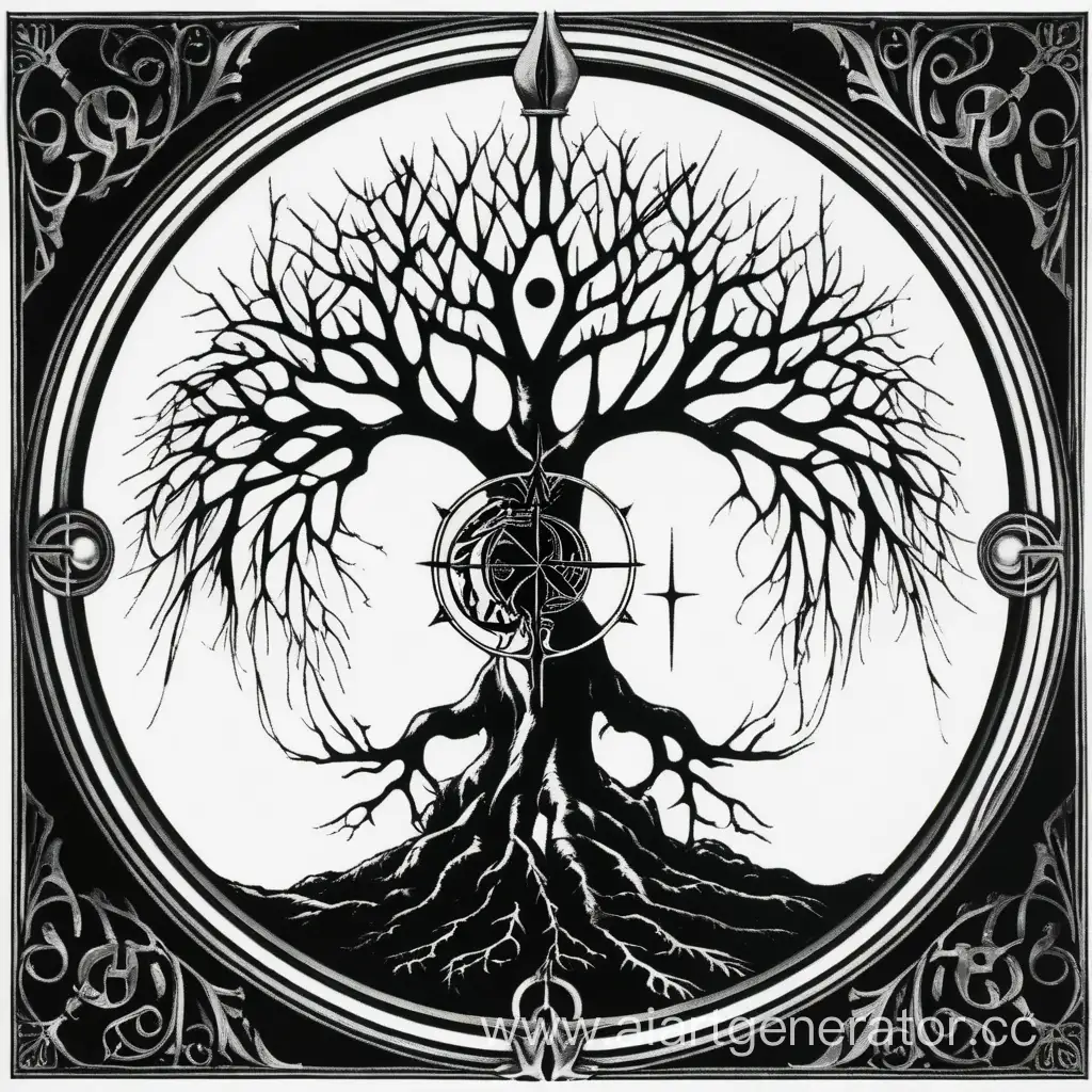 Mysterious-Island-with-Mercury-Symbol-and-Tree-of-Sephiroth-in-Monochromatic-Palette