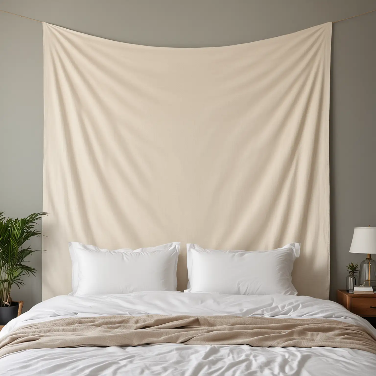 Bedroom wall with a white blank tapestry hanging in horizontal orientation over a bed. queens size bed, 60"x 50" tapestry. 
