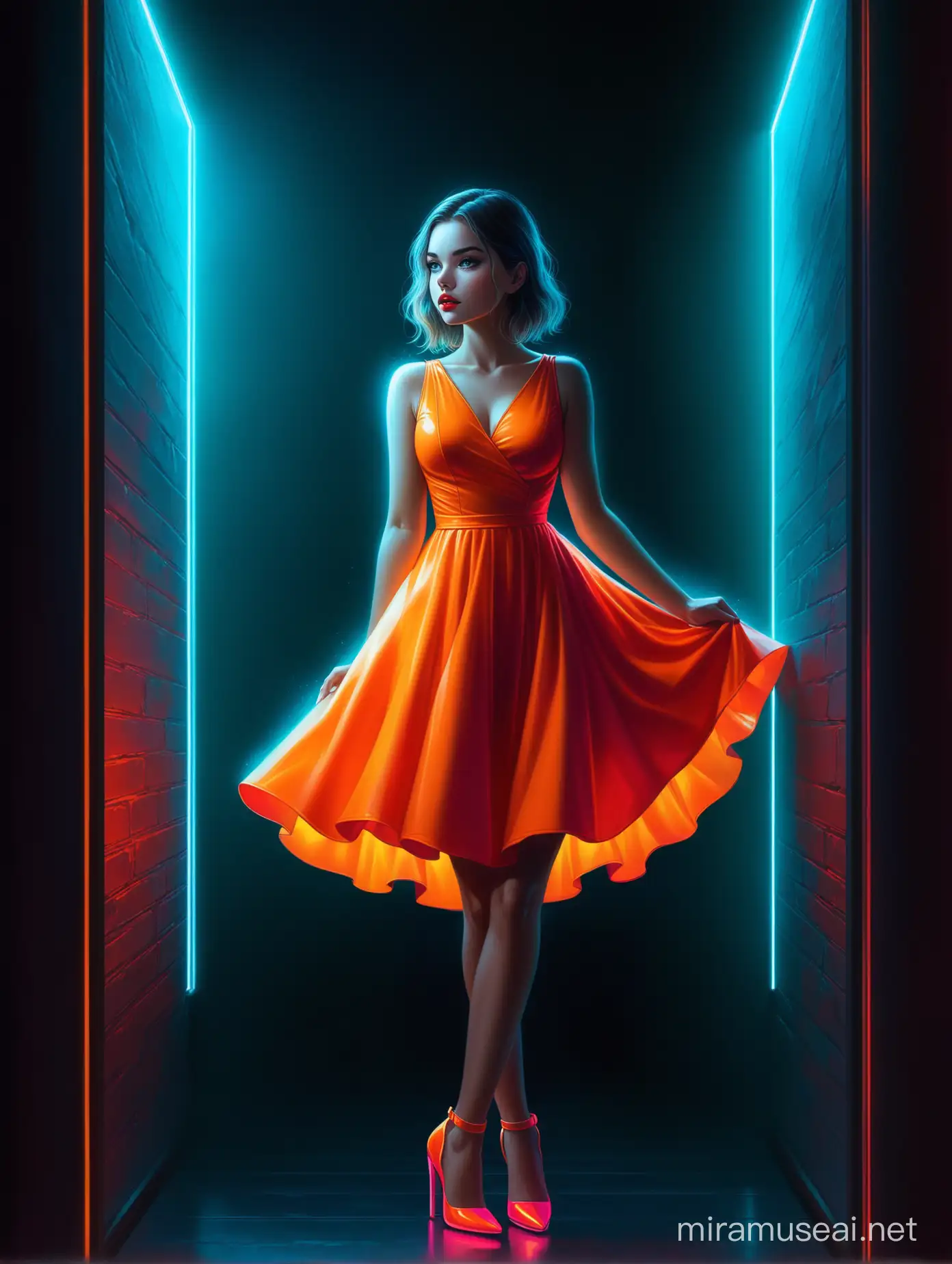 Aivision, digital art,neon colors,full body of beautiful young women, prety eyes, full red lips, she is wearing short fluffy  orange dress , she is wearing Stunning heel shoes. she looks out the window anxiously , dark environment and gloomy (neon lighting) , image realistic , Extremely detailed , intricate , beautiful , fantastic view , elegant , crispy quality Federico Bebber's expressive, fresh colors