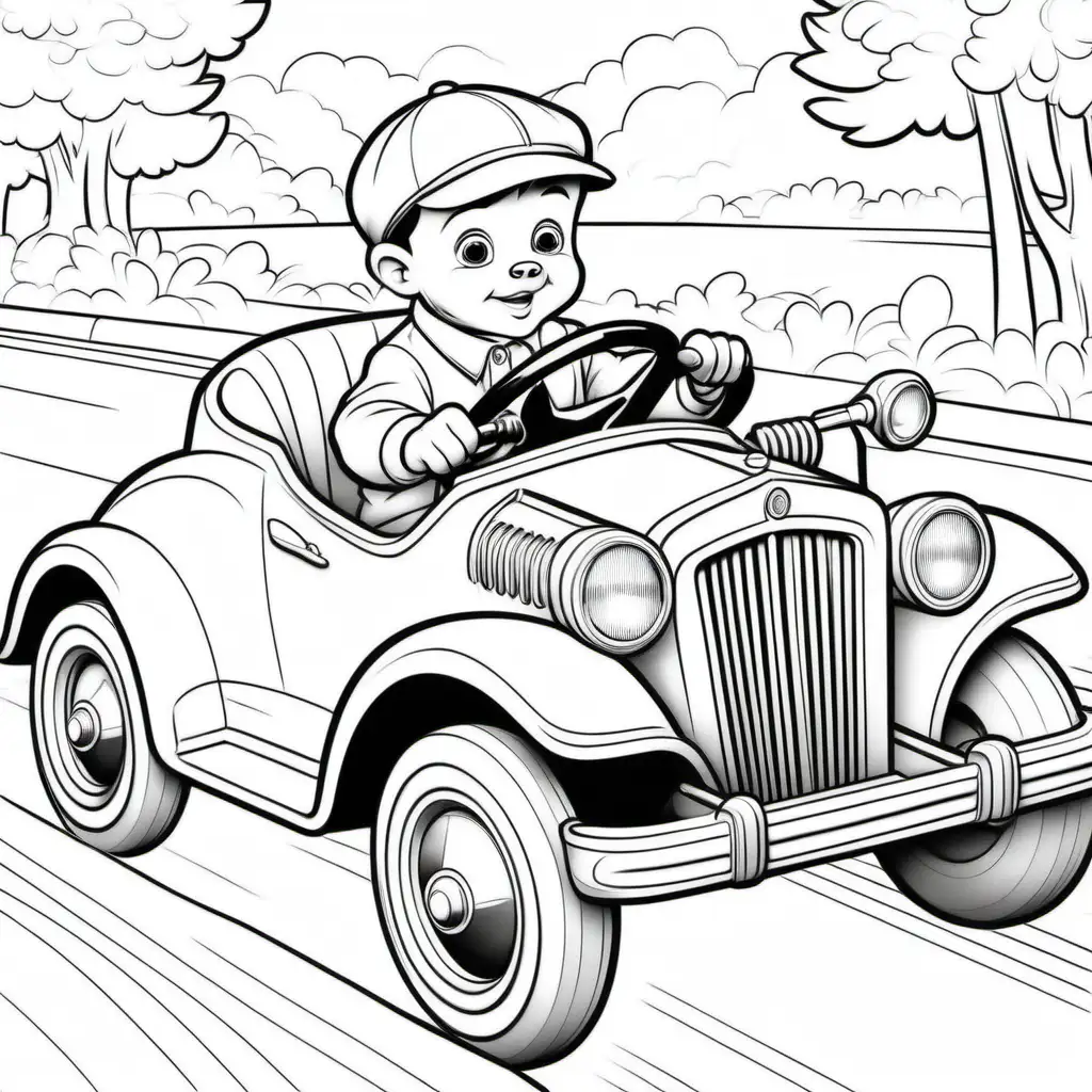 colouring page for kid DRIVING car vintage , , boy , puppy  ,
cartoon style , thick lines , low detail , no shading --r 911