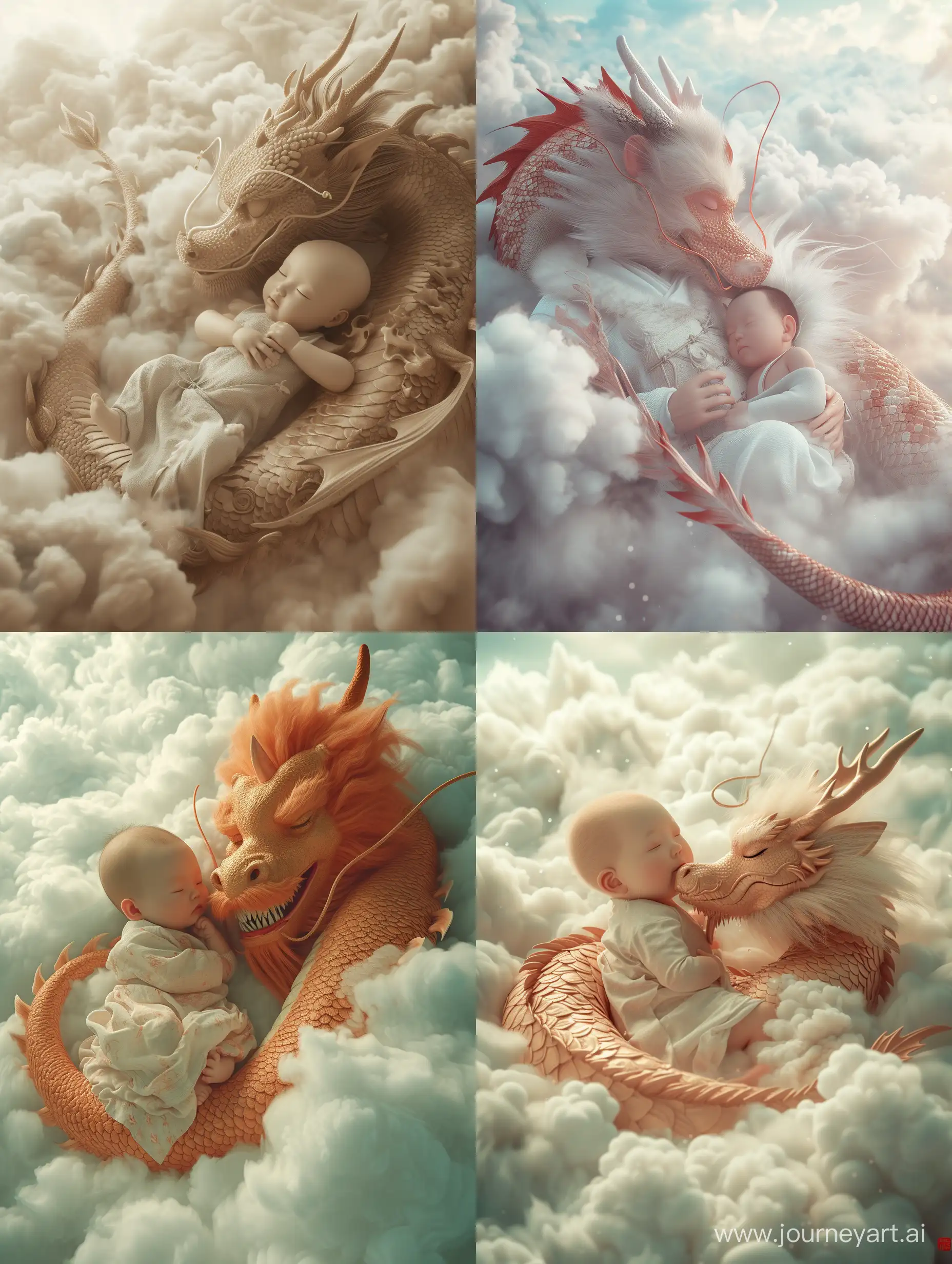 A cute human baby and a  Chinese dragon cuddle up and sleep in the clouds, translucentglass, brush, anime aesthetic, furry art,, delicate,3d, c4d render, 16k, ultra high detail
