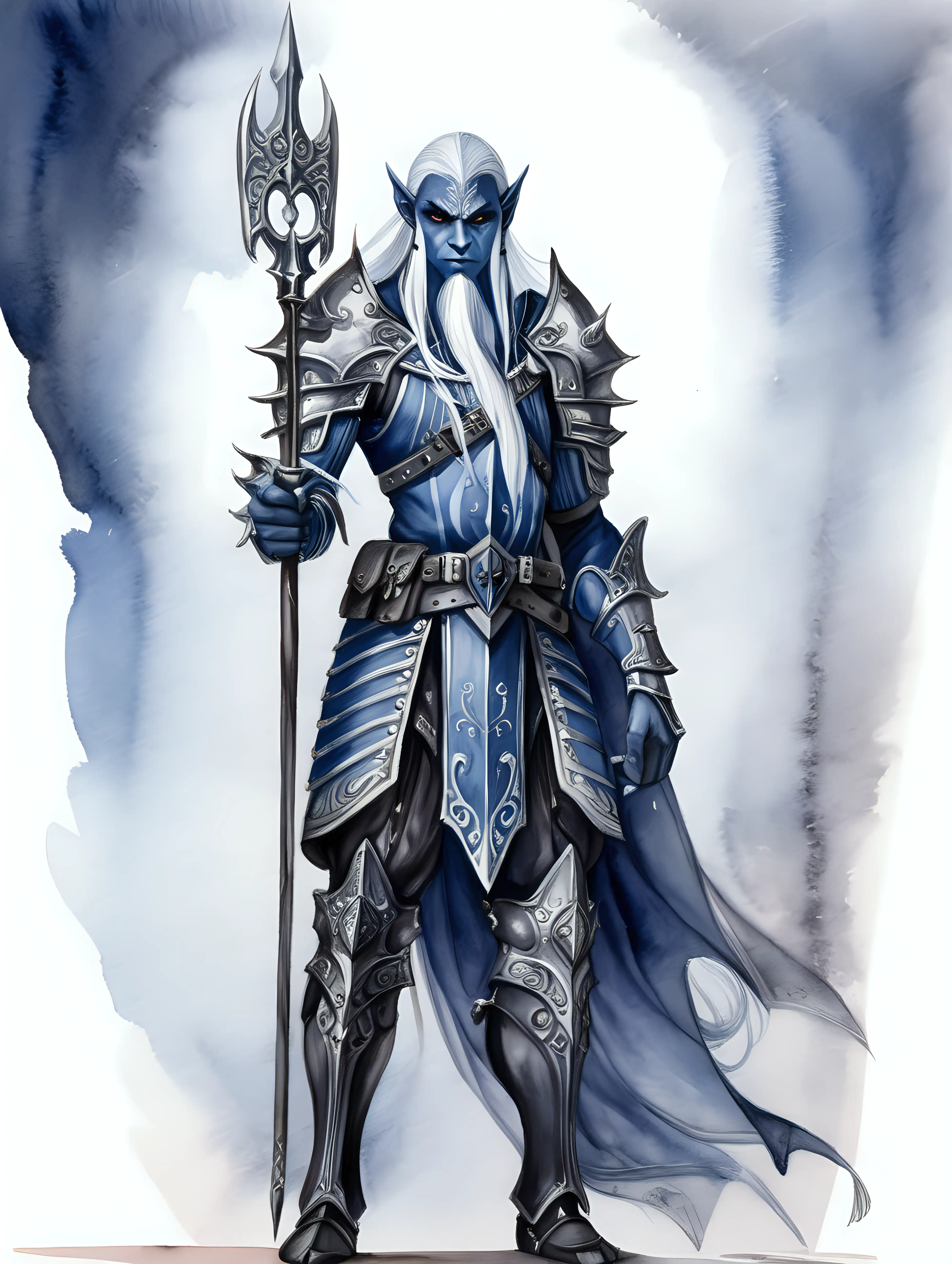 guarding fantasy drow guard captain, dark watercolor drawing, no background