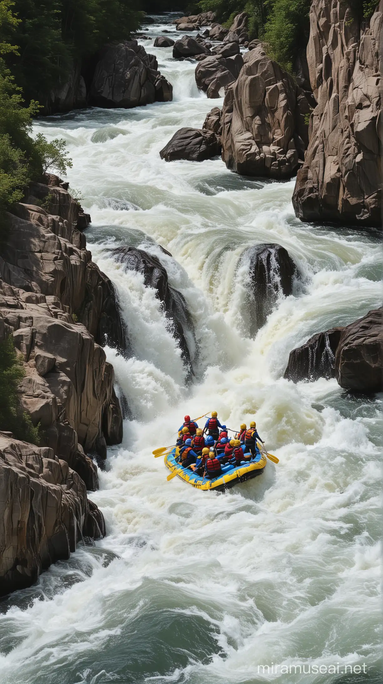 Exciting White Water Rafting Adventure through Rapids and Waterfall