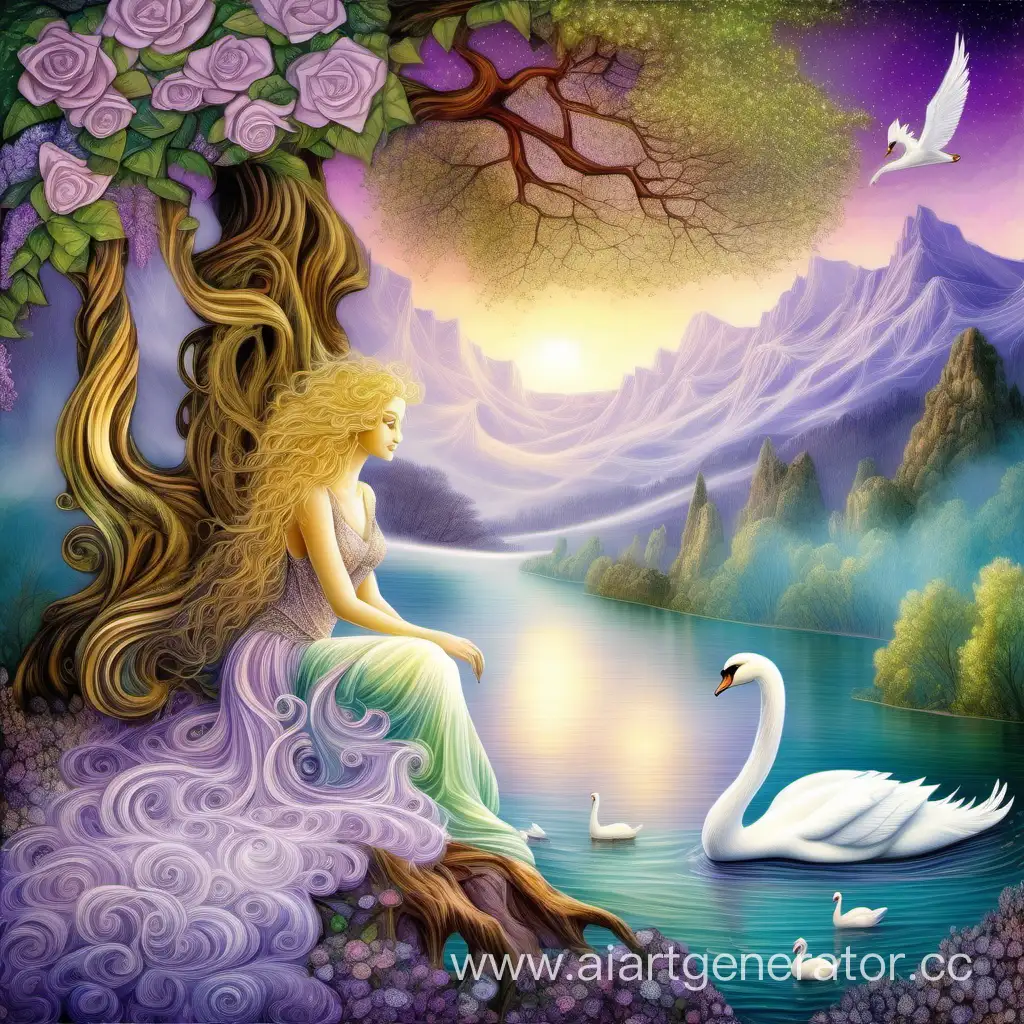 Enchanting-Mountain-Lake-with-Swans-and-Forest-Nymph-in-Josephine-Wall-Style