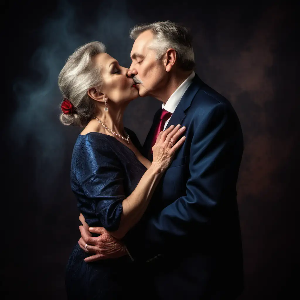Elegantly Dressed Mature Couple Embracing in Romantic Studio Kiss