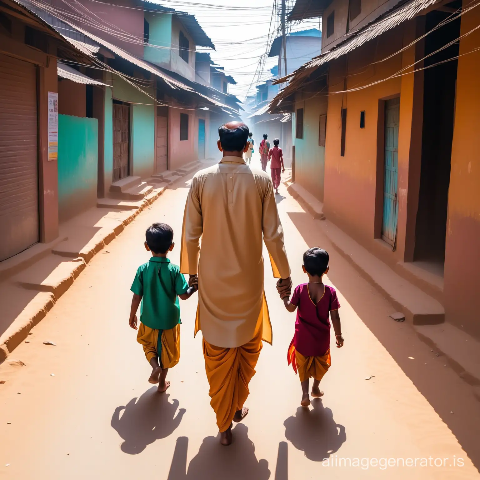 behind the camera An indian man walking with two child