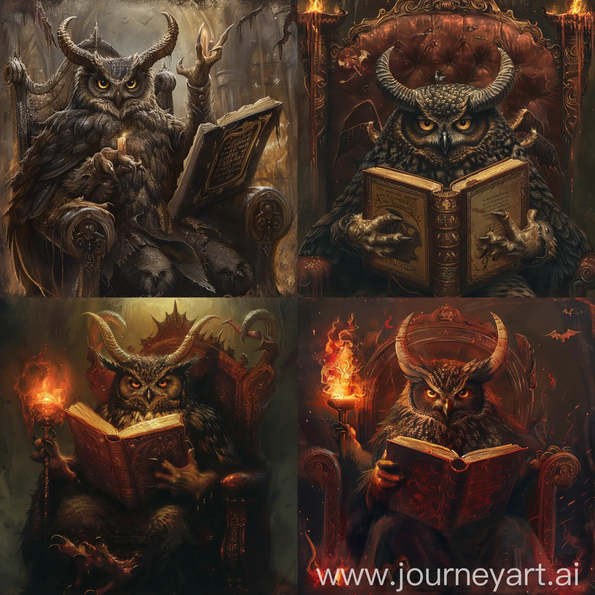 Филин-демон, антропоморфный, с рогами, владыка ада, покровитель темных знаний, держит книгу заклинаний грехов, демоны, трон 