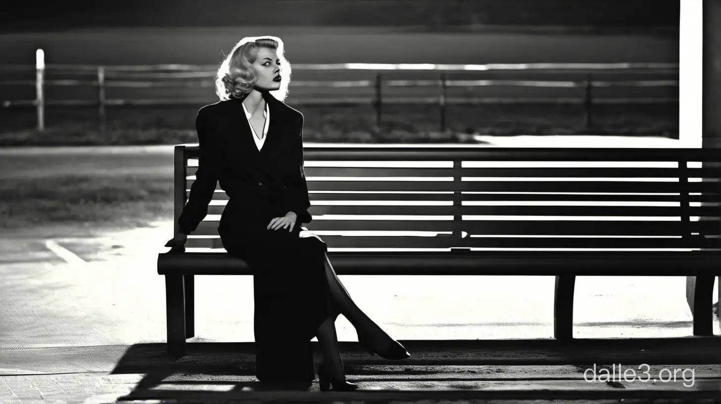 retrofuturistic film noir of a women sitting on a bench