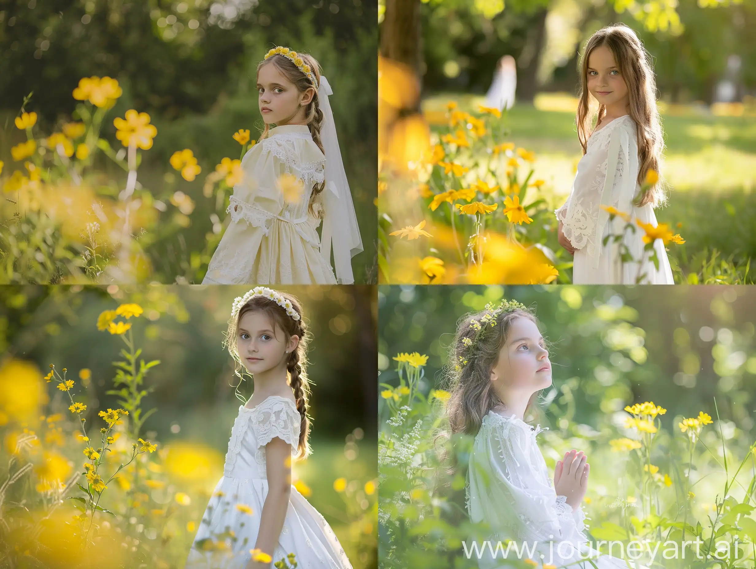 photo session in the park , flower , first communion phots, yellow flowers , girl from the distance in natural alba communion  dress , 