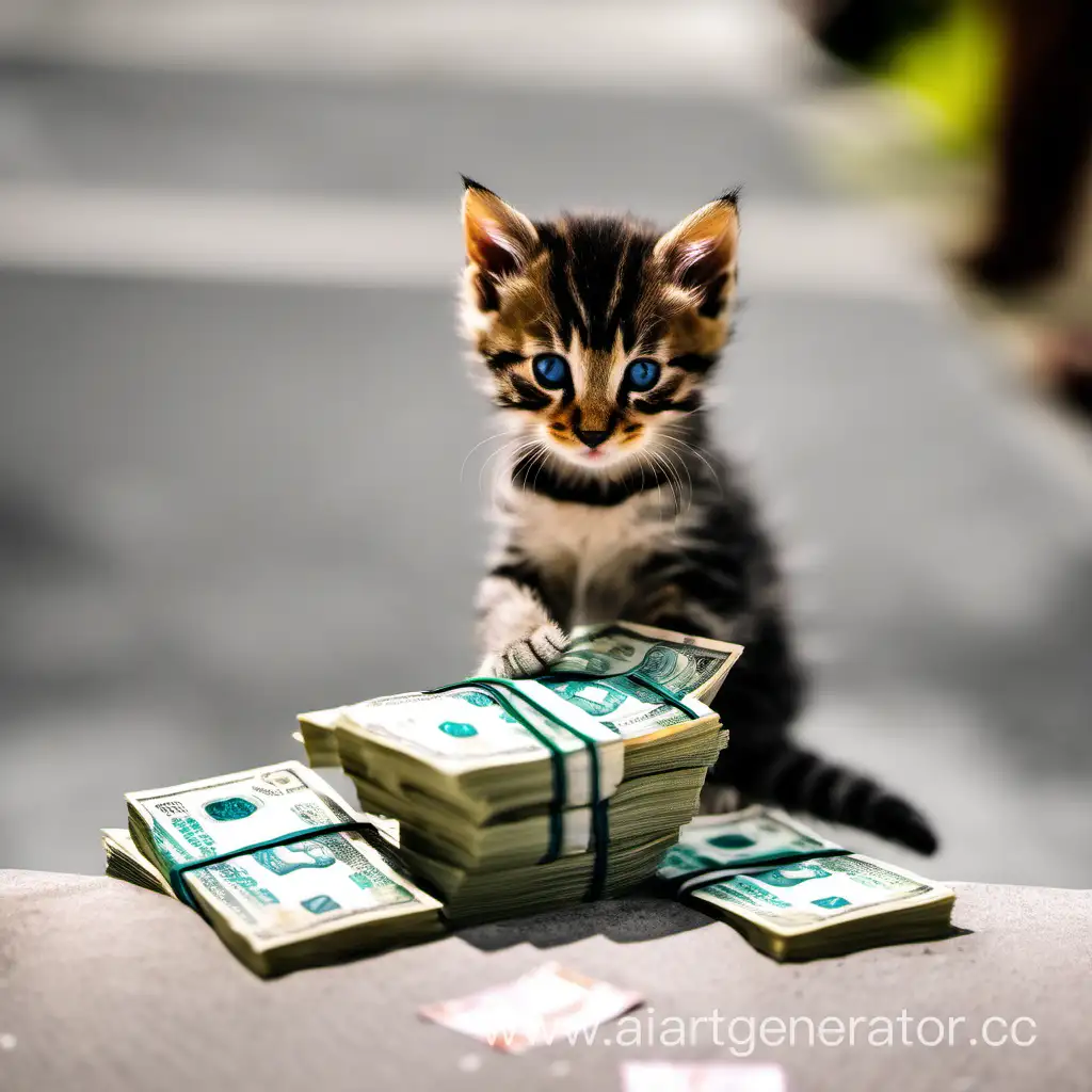 Playful-Kitten-with-Money-Stack-in-Tropical-Paradise