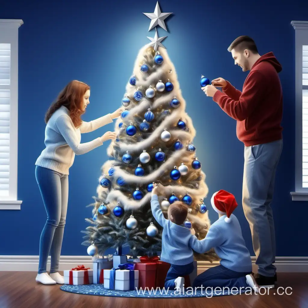 Festive-Family-Ornament-Decorating-in-Blue-and-White-Christmas-Setting