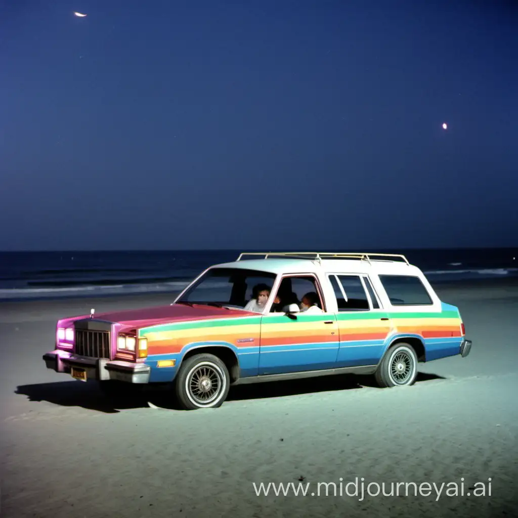 Colorful Night Beach Scene with Car in 1980s United States