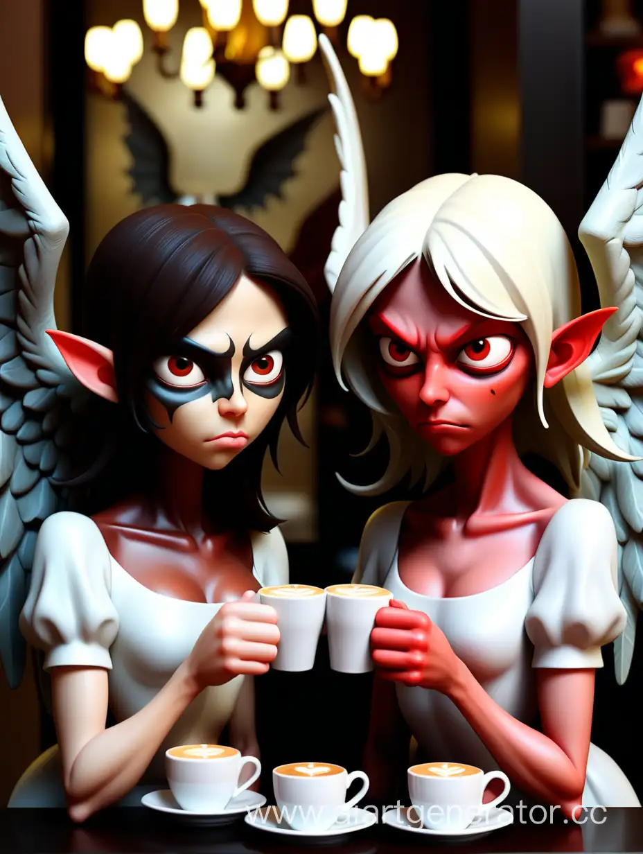 Angel and demon each offer the coffee