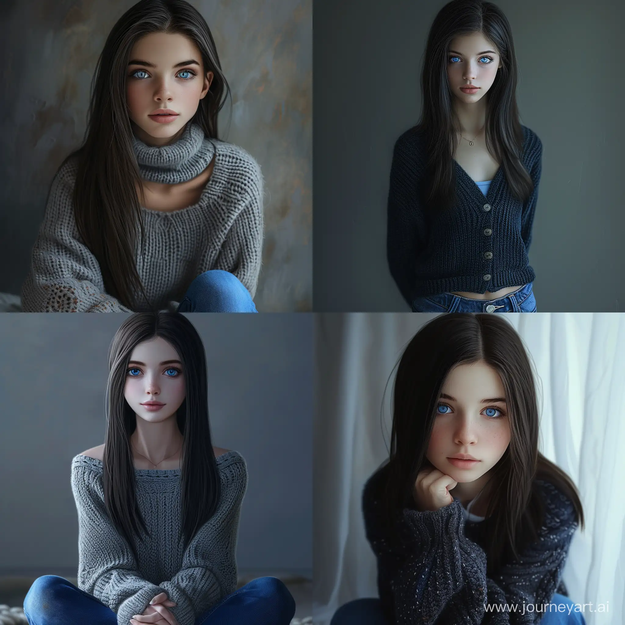 Teenage-Girl-in-Knitted-Cardigan-and-Blue-Jeans-Realistic-Portrait-Art