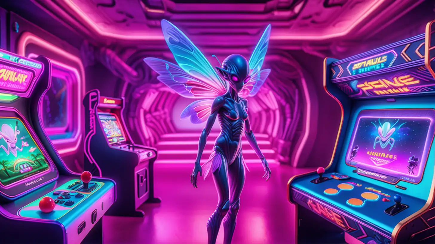  synthwave art, essence, dramatic color, UV, hyper realistic, alien fairies, arcade, winning, detailed