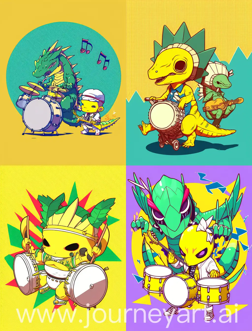 chibi dinosaur and anime guy playing drums, with yellow solid background, 