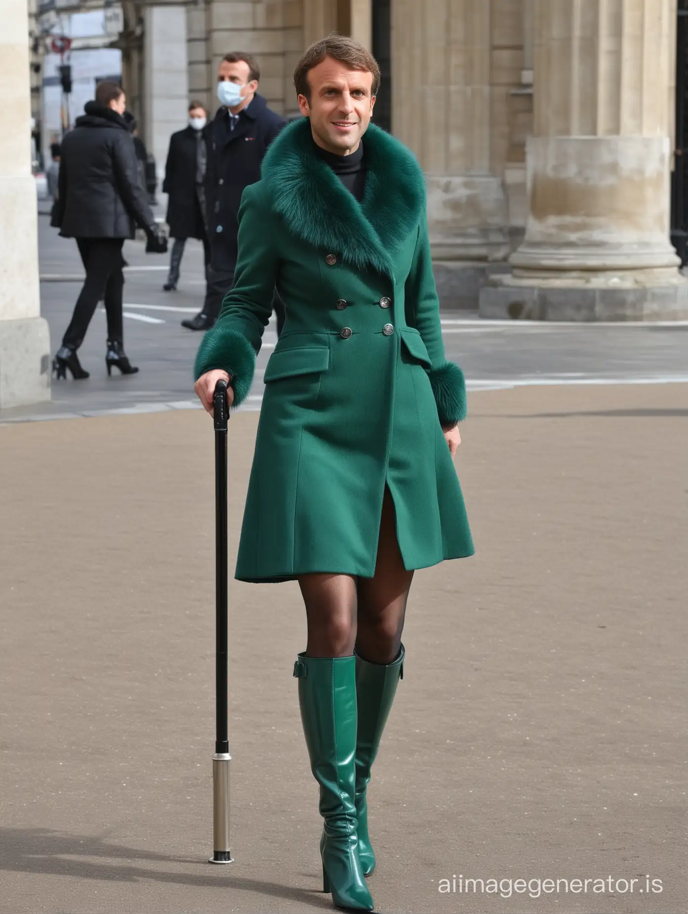 emmanuel macron in green high heels over the knee boots mesh thigh vinyl skirt and fur coat