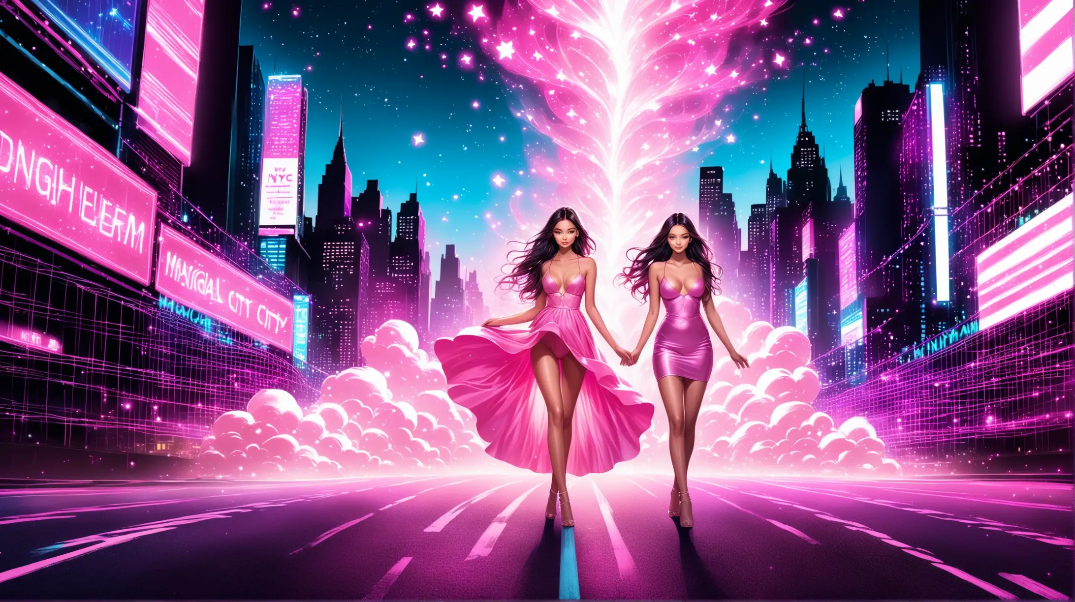 nymph models, magical atmosphere, pink and blue, black background, nyc dream city, roads, influencers