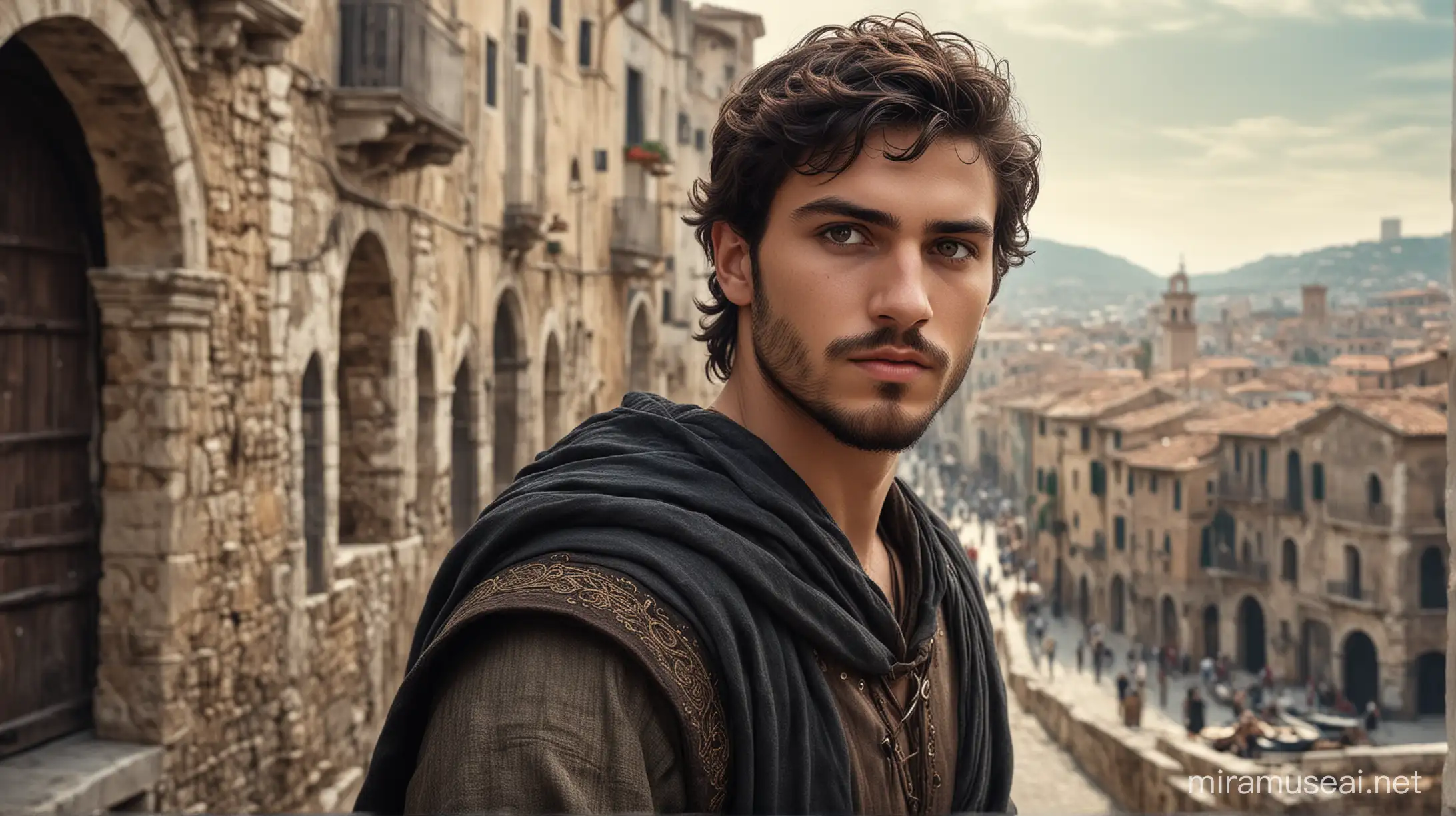 A 22-year-old young thief in Renaissance Italy with a background in a city inspired by Ancient Carthage. The young man wears a darker doublet. He also has a short dark beard. HD image for the cover photo of a story in the genre of epic fantasy.