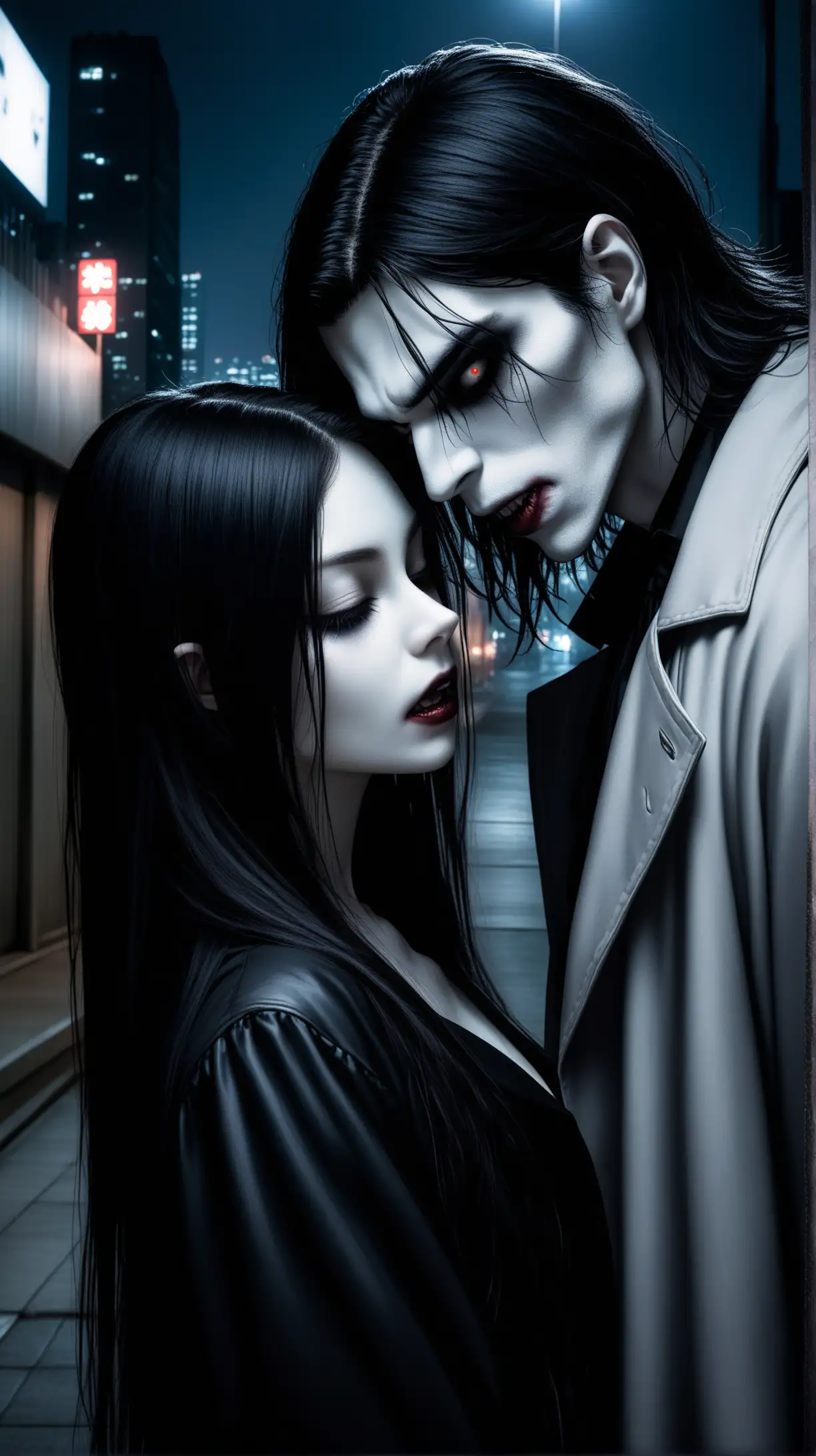 a vampiress with black hair and in black coat kissing a young male attractive Ghoul, ghoul is dressed in white-grey coat and black costume with pallid skin and sunken eyes and long dark hair, night tokyo empty strrets are on background, dark style, hyper-realistic, photo-realistic