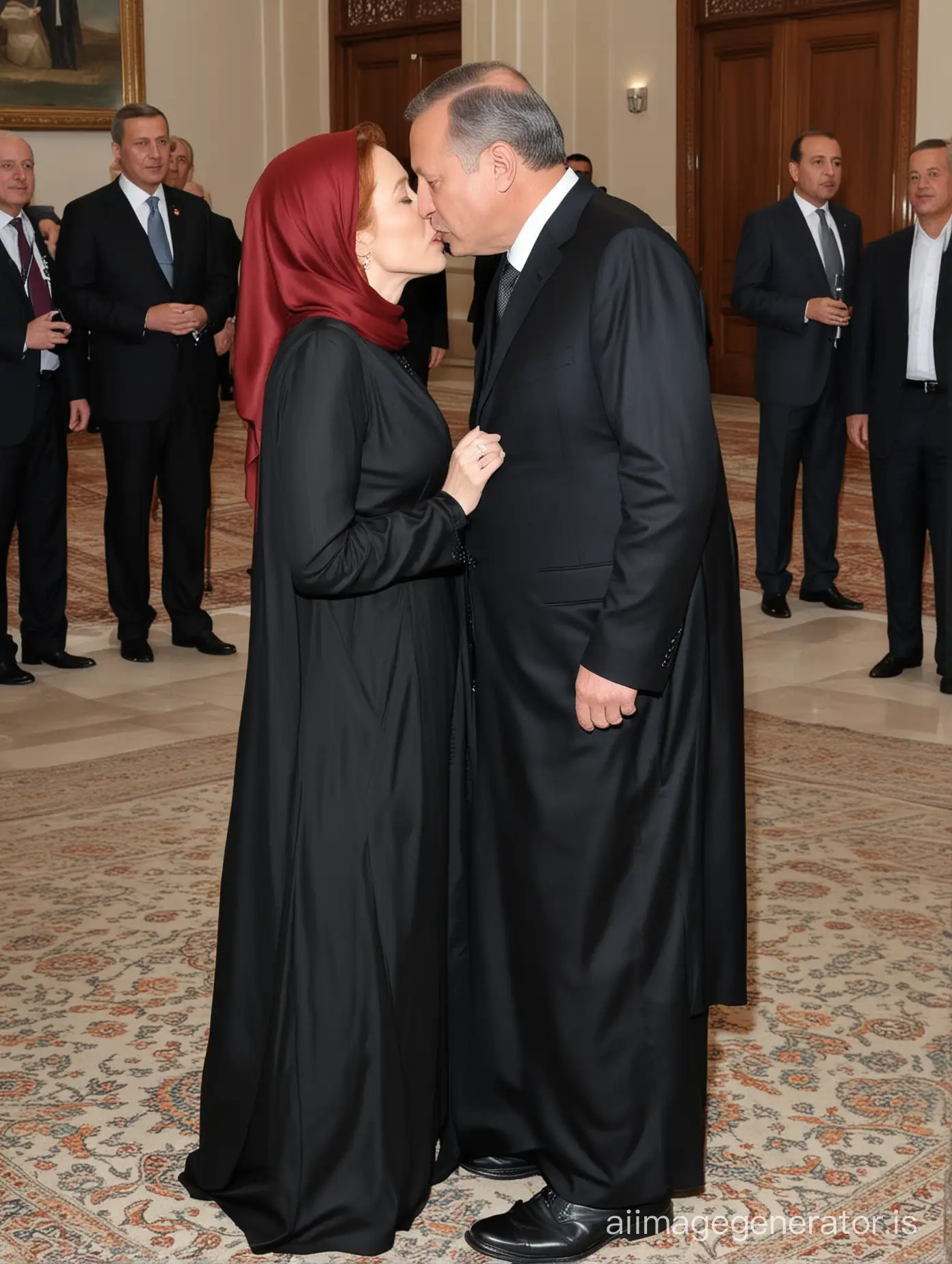 red haired Gillian Anderson alone with President Erdogan, he asked Gillian to dress accordingly to his Muslim faith and wear a floor-length black oversized jilbab with long black hijab while he is kissing her tenderly