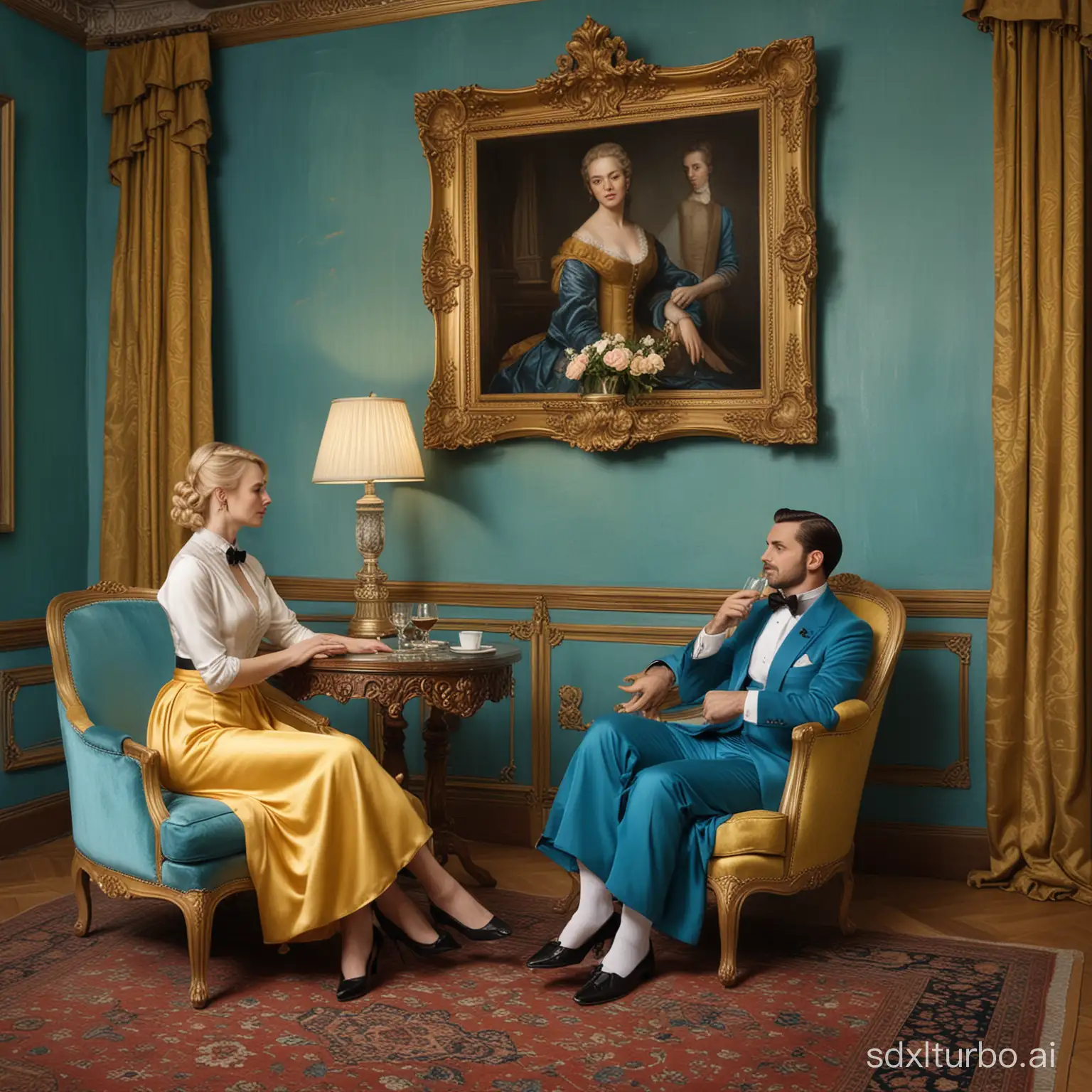 In a realistic painting style, a man dressed in a dark blue suit with a white shirt underneath and a black bow tie with neatly combed hair, and a blonde woman in a long satin yellow dress with long sleeves and a quite plunging neckline and a typical 1950s hairstyle are sitting in vintage duck blue armchairs with golden frames. Each of them holds a cocktail glass: the man holds it in his right hand and the woman holds it in her right hand resting on a small table apparently made of porcelain. The scene is slightly to the right, not completely centered. In the foreground, you can see a round glass table with a huge glass containing the cocktail. The room is quite old and is decorated in turquoise blue, with the lower part in royal blue. There is a painting on the wall between the man and the woman of a Renaissance woman, and other frames on the wall just behind the woman. To the left of the image, you can see a delicate brown curtain. There is a carpet on the floor.