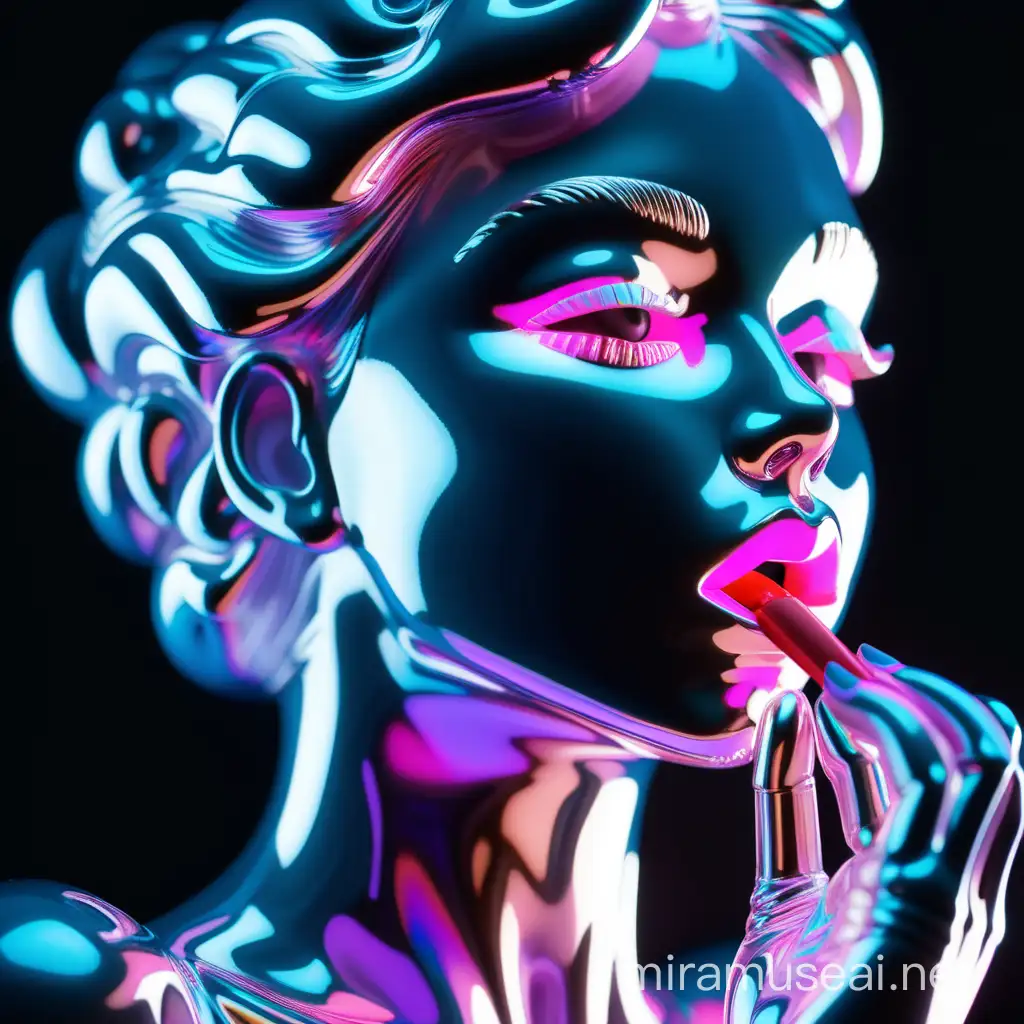 Produce a white shiny iridescent neon colored porcelain figure of a beautiful curvy feminine woman
Strong expression dynamic
Putting lipstick on her lips
portrait
Black background