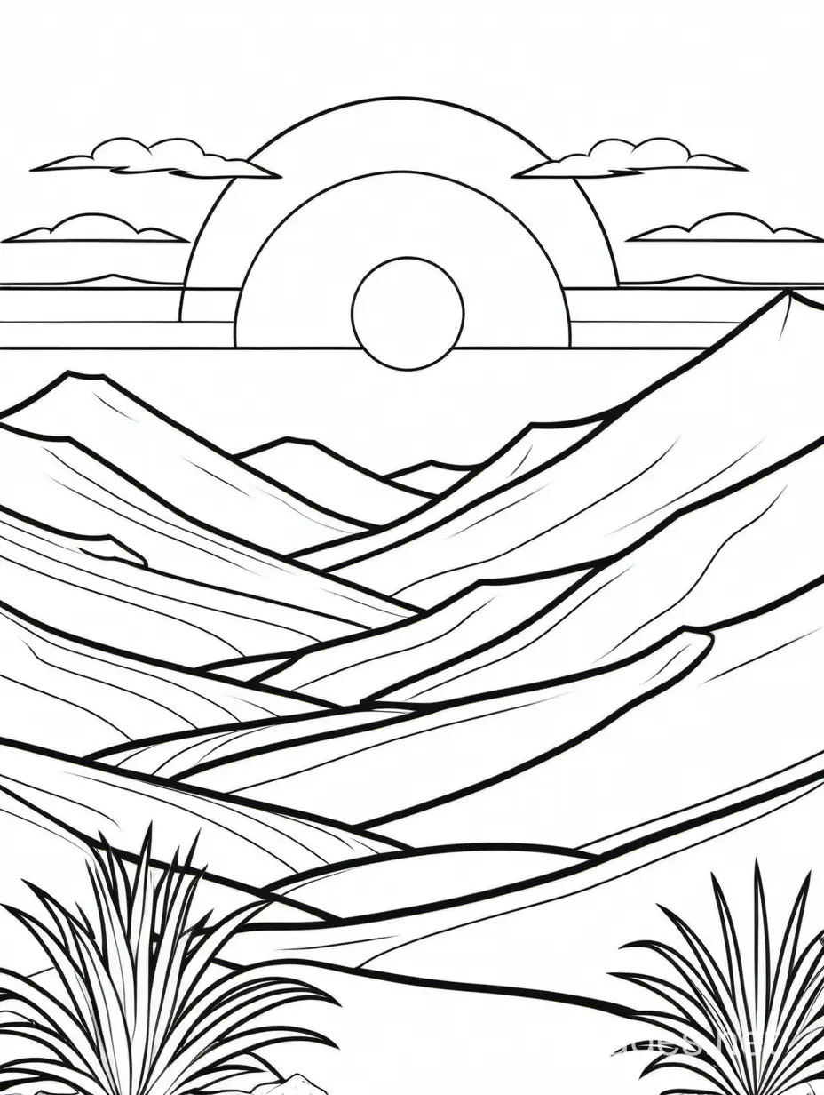 Sunset in the desert, Coloring Page, black and white, line art, white background, Simplicity, Ample White Space. The background of the coloring page is plain white to make it easy for young children to color within the lines. The outlines of all the subjects are easy to distinguish, making it simple for kids to color without too much difficulty