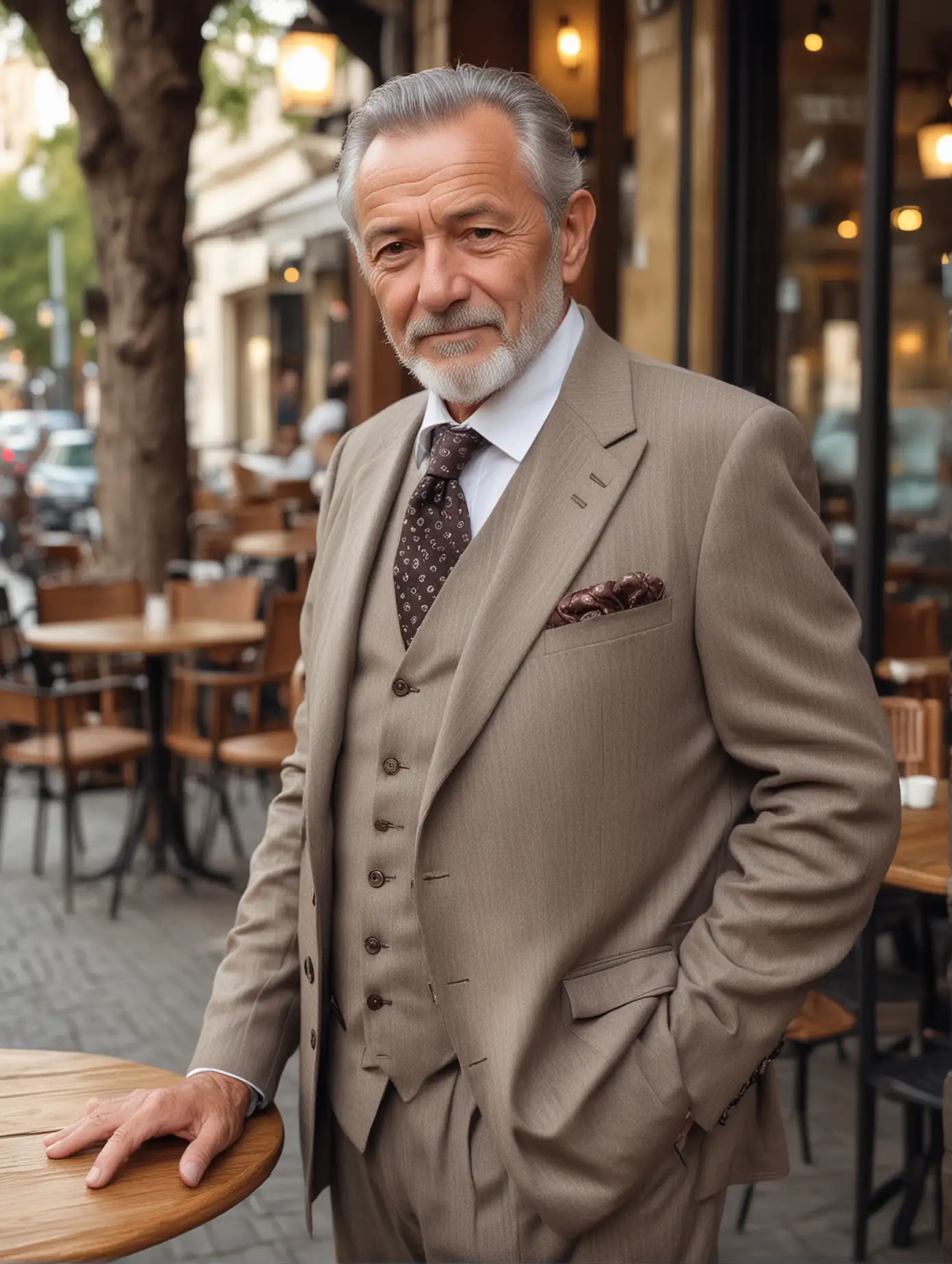 An old man about 54 years old has a noble temperament and is dressed luxuriously. With the cafe as the background, the camera focuses on him. He has an elegant temperament. Facing the camera, he has exquisite facial features and a full body photo.