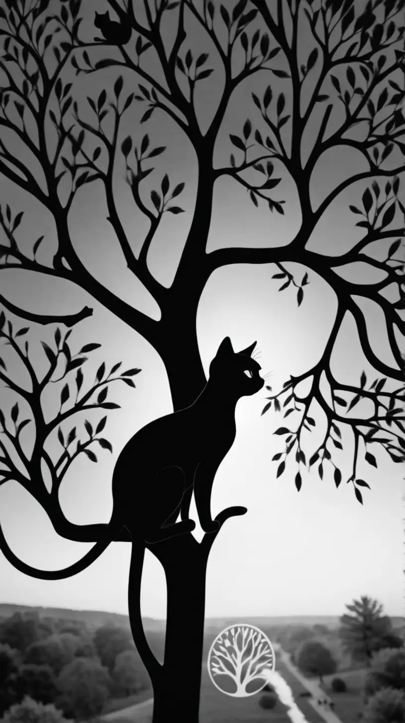 Silhouetted Black Cat Climbing Tree at Dusk Monochrome Tree of Life Art