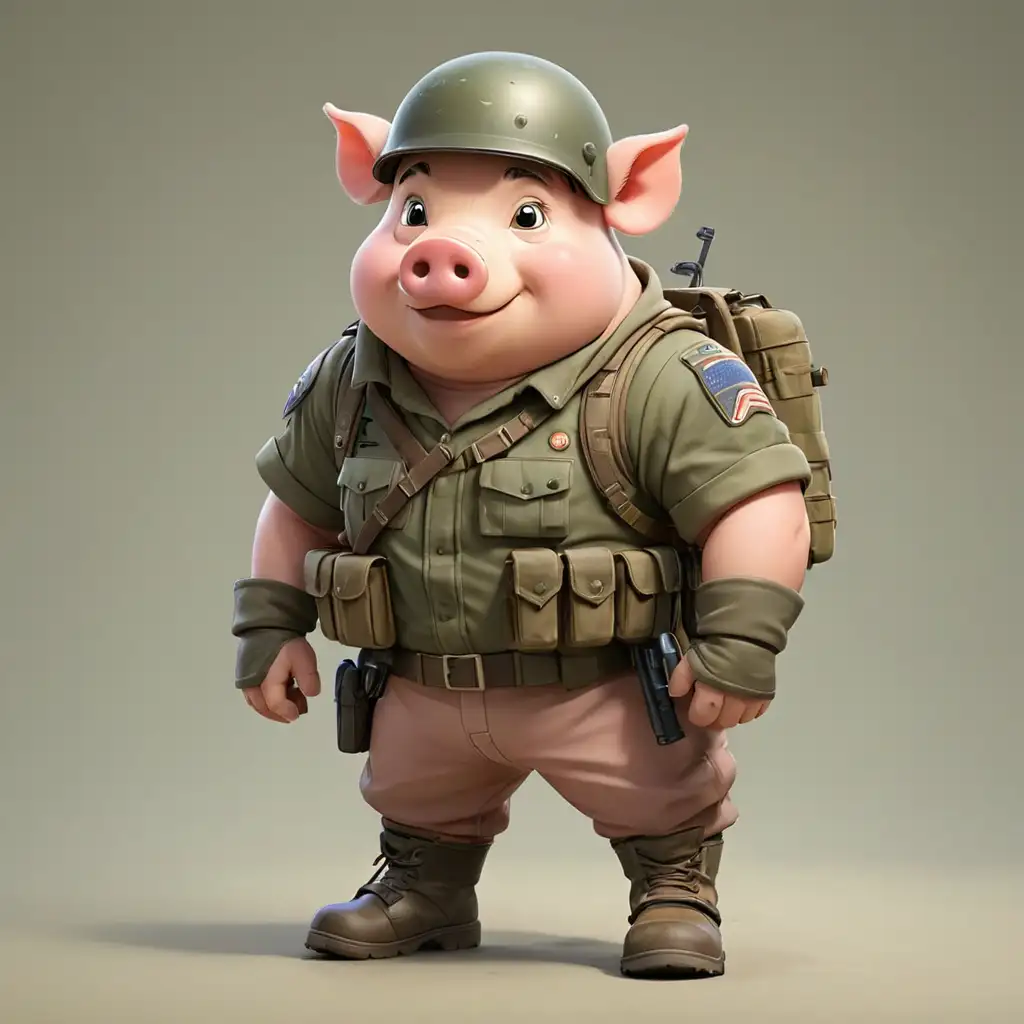 A pig in cartoon style, full body, soldier clothes with boots and helmet, with clear background