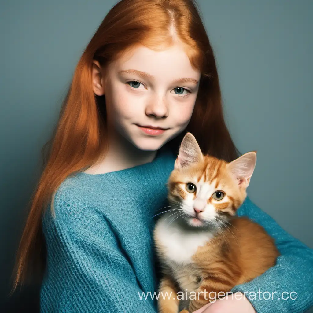 Девочка Саша шестнадцати лет в синем свитере рядом с маленьким рыже-пепельным котеночком Дэйзи