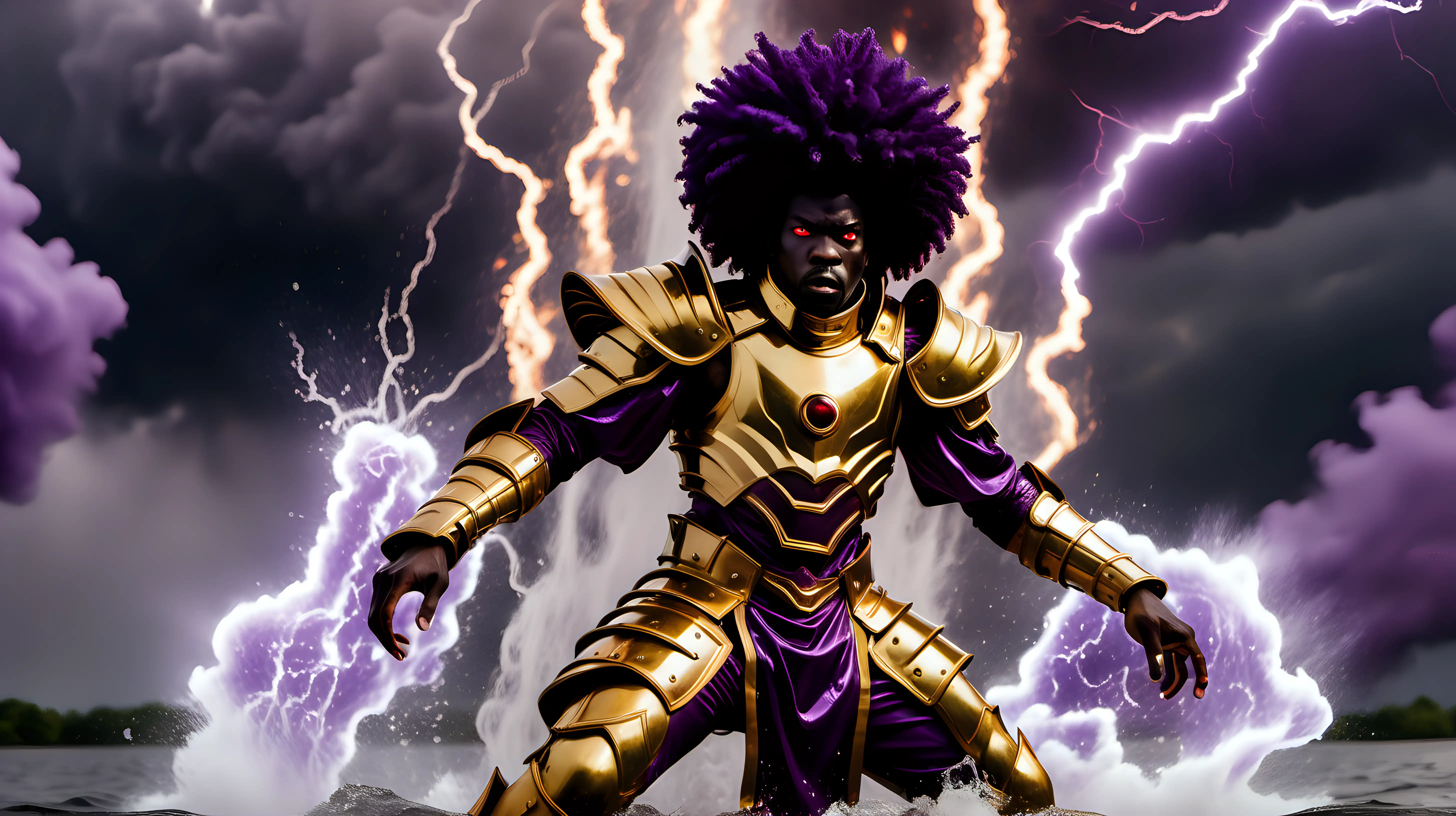 Black man in purple and gold battle armor controlling Fire and Water with  black Afro red eyes and levitating with thunder storm behind him