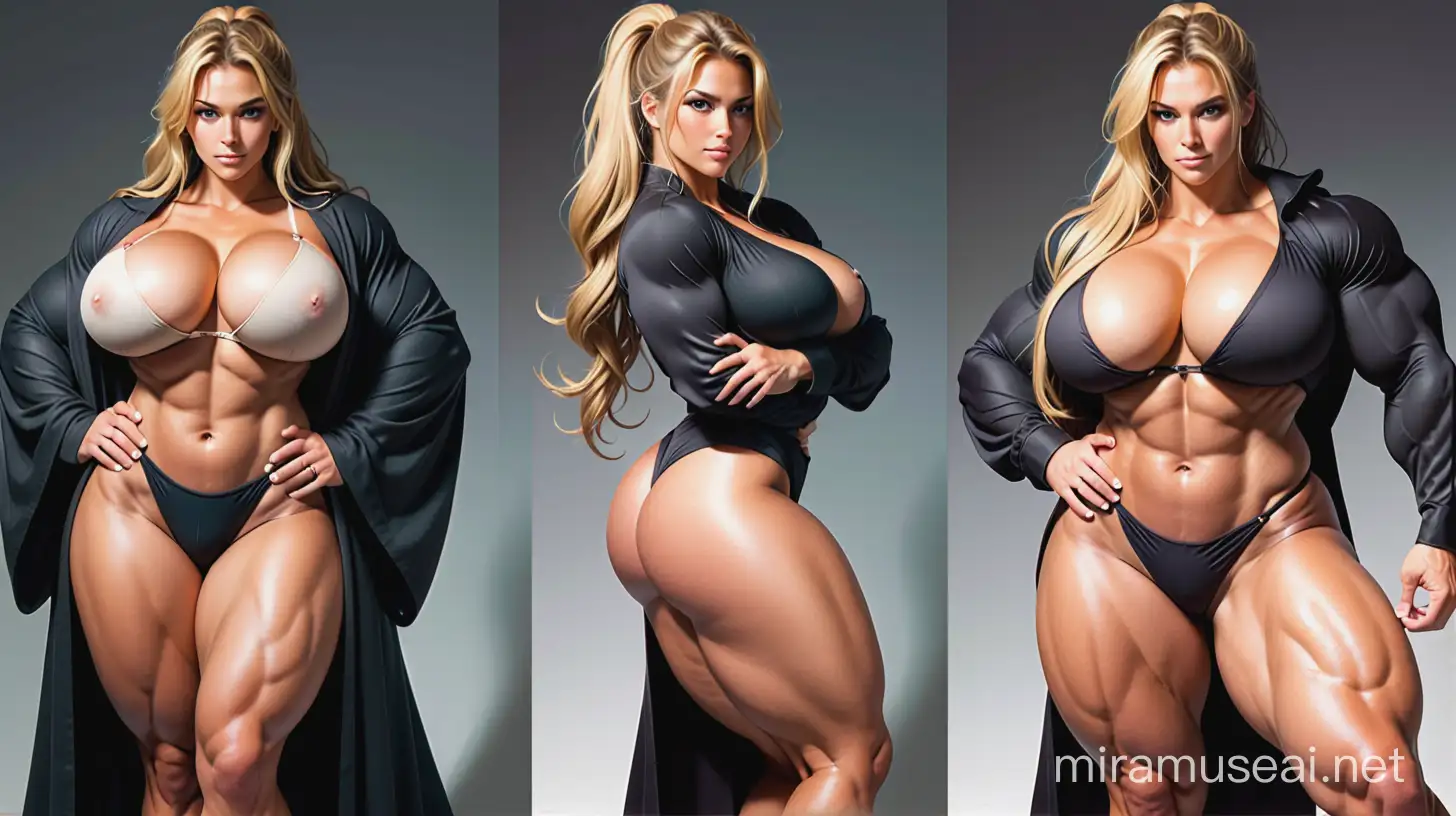 Extremely muscular woman; extremely muscular arms; extremely gigantic woman; very big breasts; cleavage; beautiful; sexy; seductive; cute; tanned; extremely muscular six-pack; extremely massive abs; long messy pony; extremely colossal woman; extremely massive thighs; extremely muscular thighs; black robe with tailed sleeves; cleavage; Rapunzle-like blond hair;