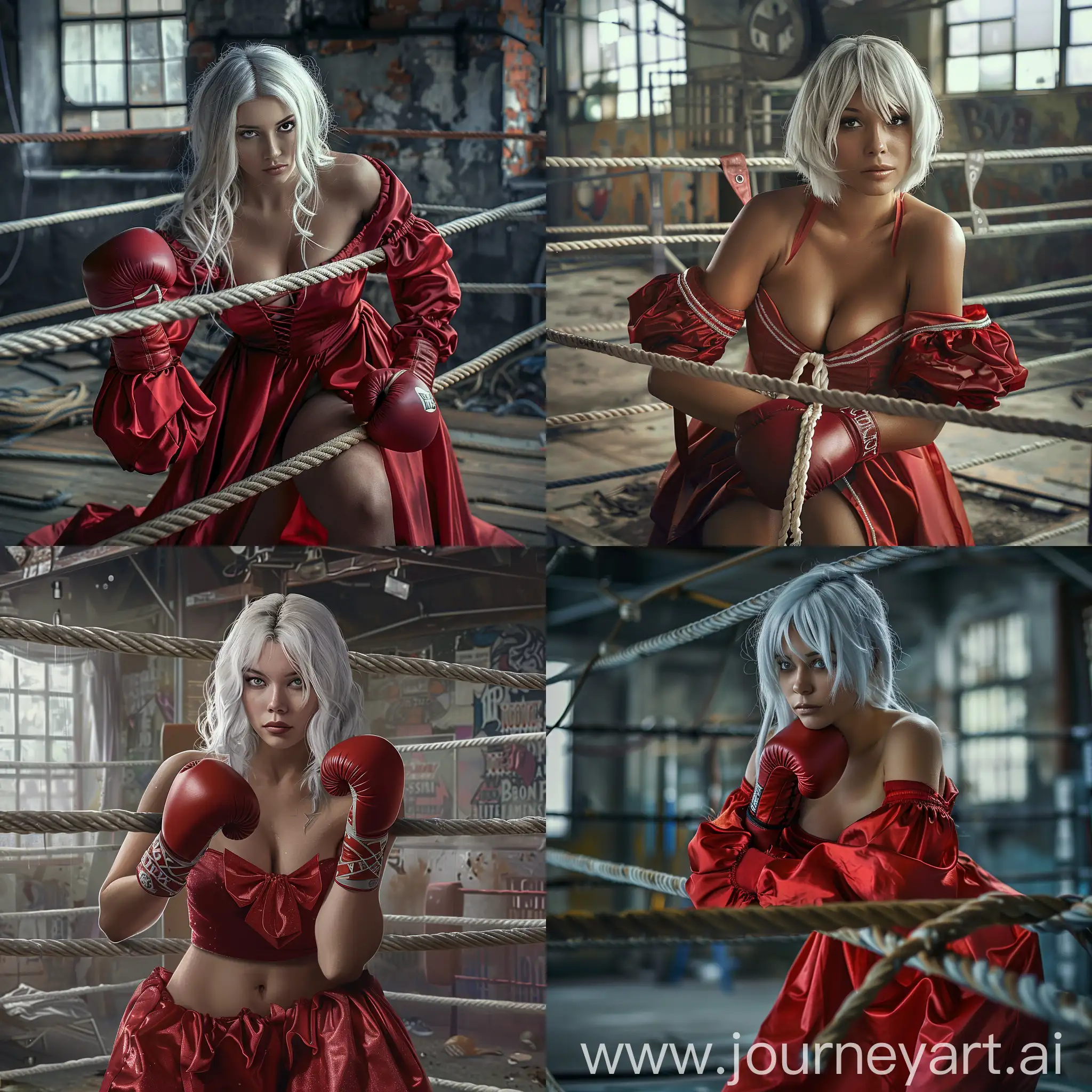 A gorgeous young female boxer with white hair, dressed in a red cheerleader gown. She is leaning on boxing ring ropes in a gritty boxing gym