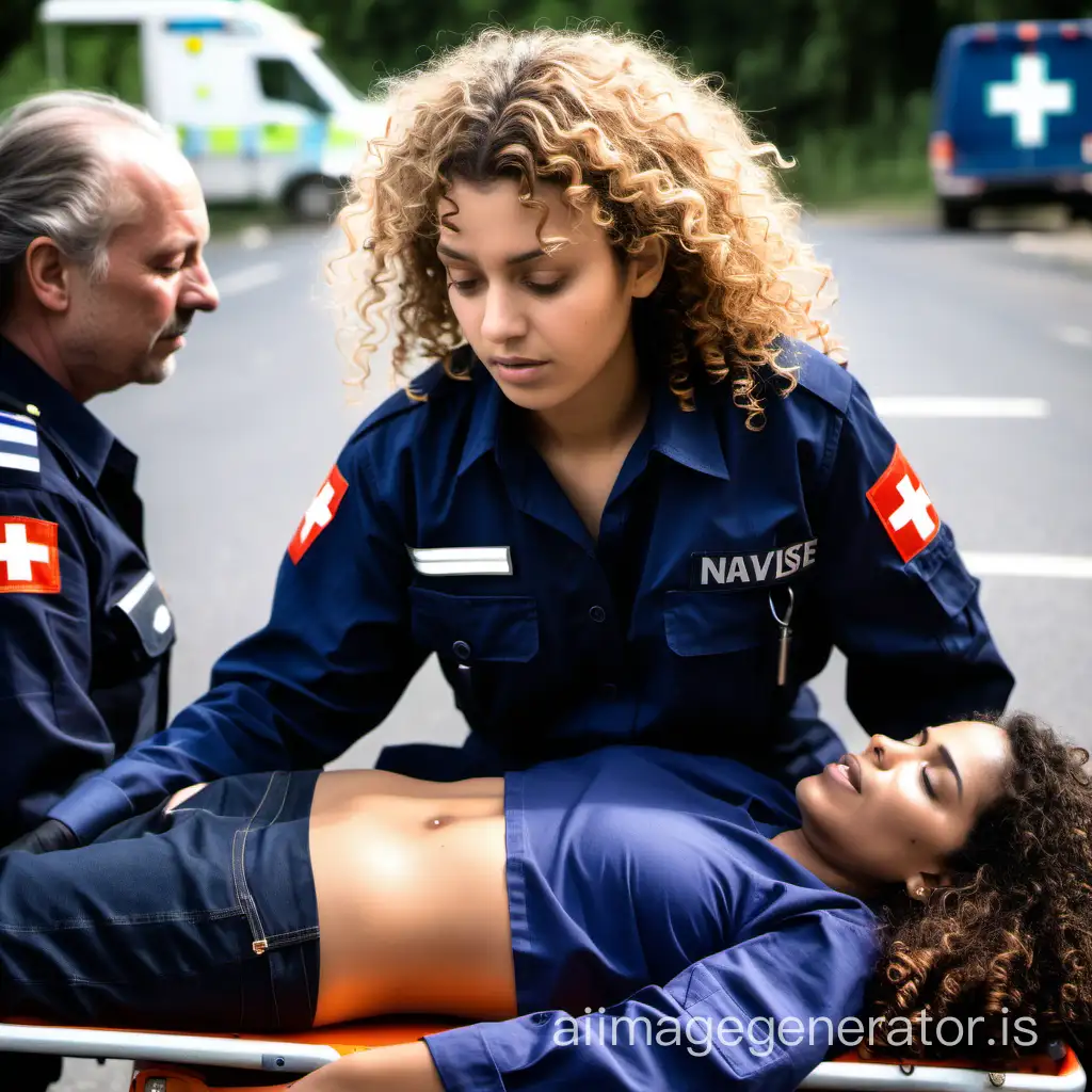 A curly-haired metisse woman wearing a navy blue shirt has been in a road accident, and is being transported in an ambulance by paramedics.