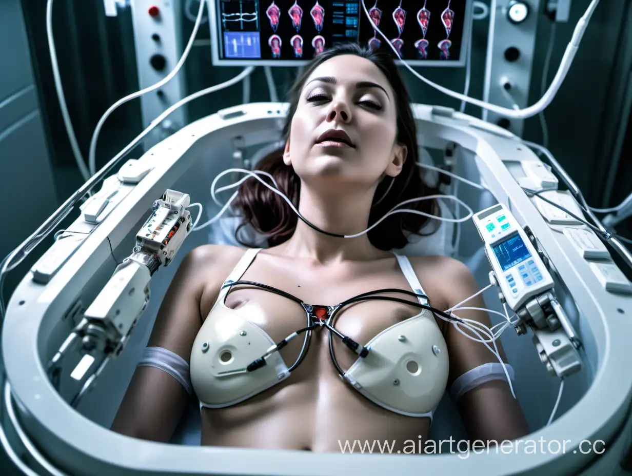 An adult woman lying down in a sleek, futuristic medical chamber. She is of average attractiveness, with white skin that contrasts sharply against the sterile steel of the chamber. Numerous heart monitor electrodes are placed on her chest and breasts, connected by wires that disappear into the chamber's ceiling. The woman wears an underwire bra. Sensors adorn various parts of her body, from her fingers to her toes, monitoring her vital signs with precision. A clear hose runs from her groin area to a nearby drainage system, indicating that it's been placed there to drain any fluids that may accumulate in that area.