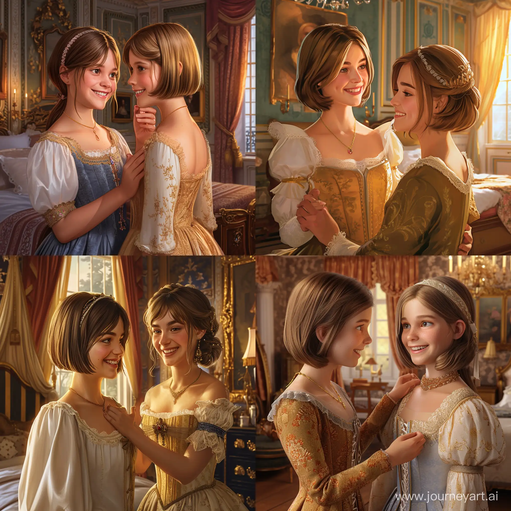 A princess with brown chin length hair, persuading her sister to get her hair cut short, the sister has longer blonde hair, bedroom interior, golden hour, regency dress, photorealistic, smiling