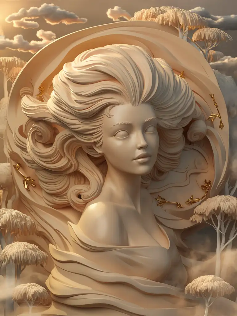 beige basrelief sculpture of young woman with huge flowing hair around on the background on half height and gold elements