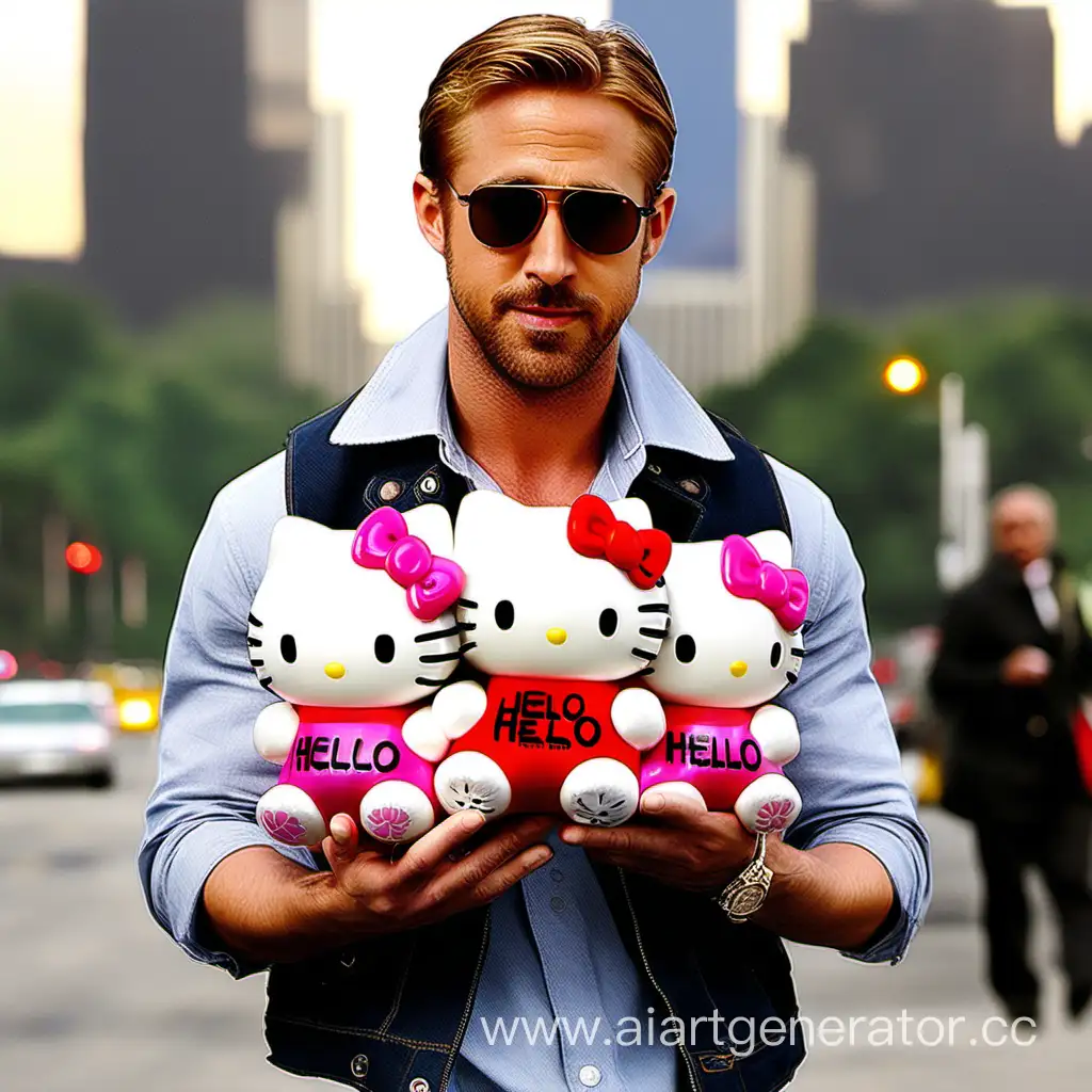 Ryan-Gosling-with-Three-Hello-Kitty-Plush-Toys