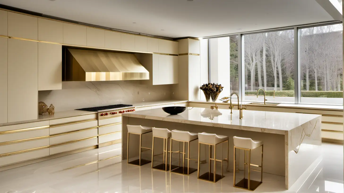 grand modern Minimalist estate kitchen; ivory, travertine, brass
