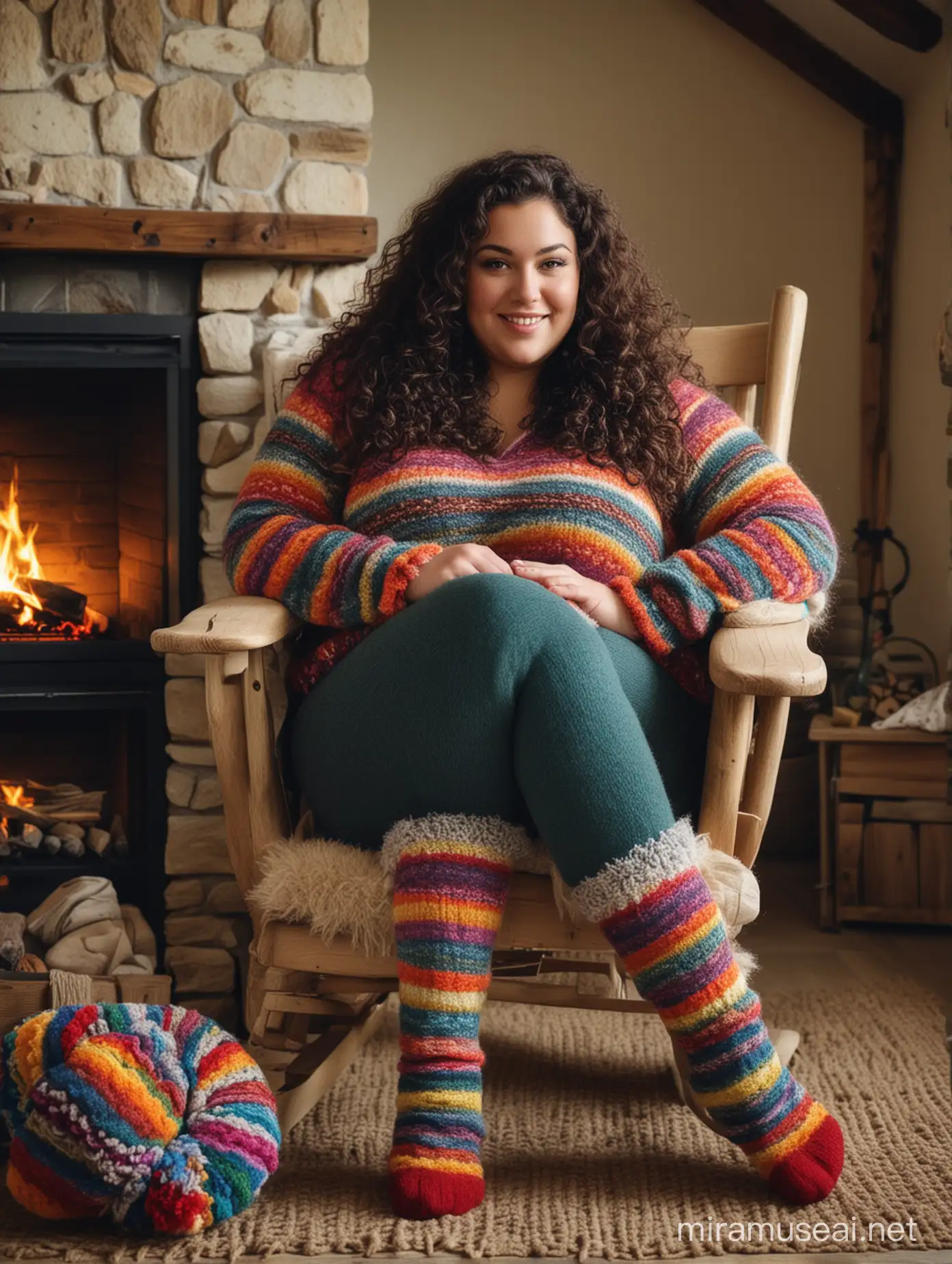 plus-size woman with long dark curly hair and outsize huge fat XXL boobs, wearing knitted stockings and a collection of colourful thick fuzzy wool sweaters, sitting in a rocking chair by a farmhouse style fire place