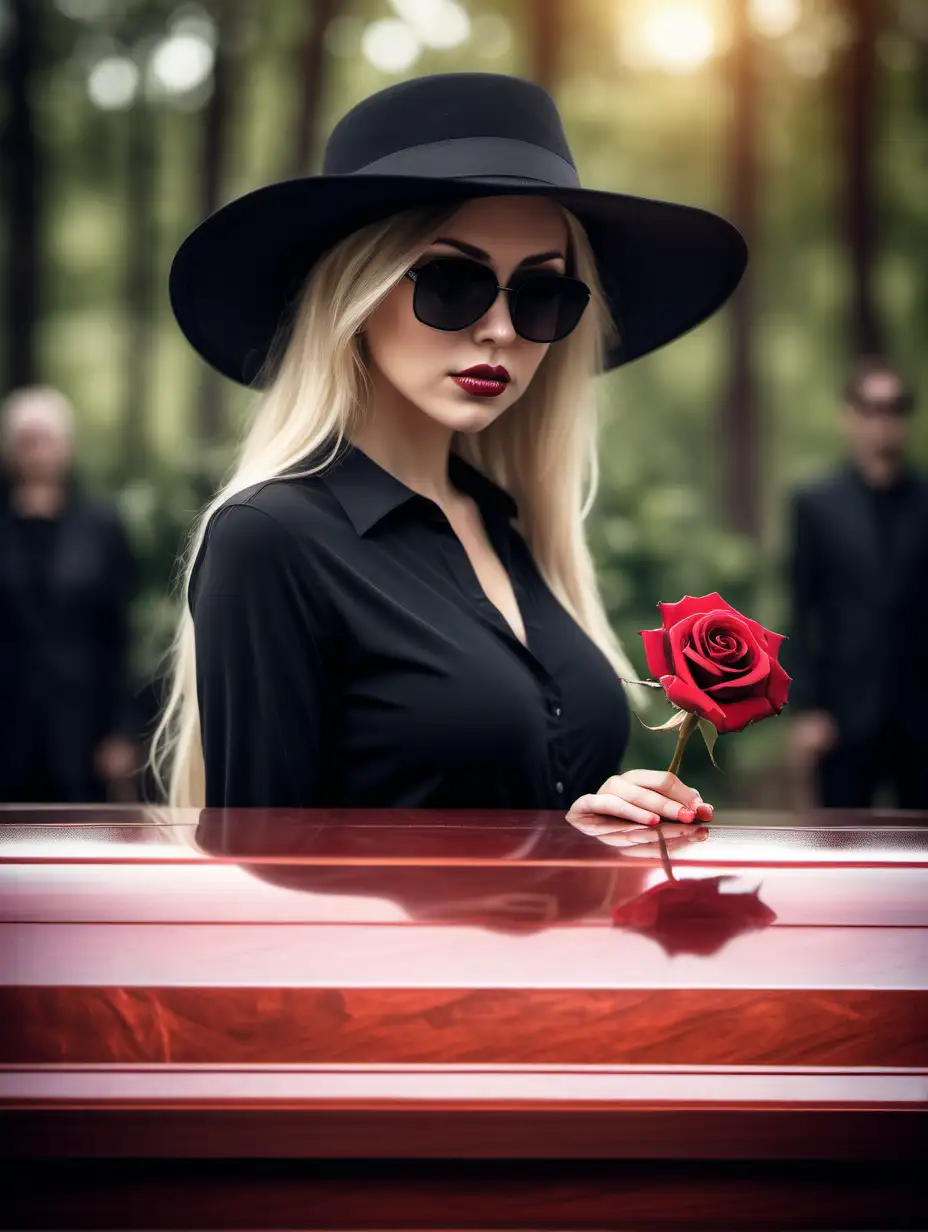 Elegant Nordic Woman Holding Red Rose at Funeral