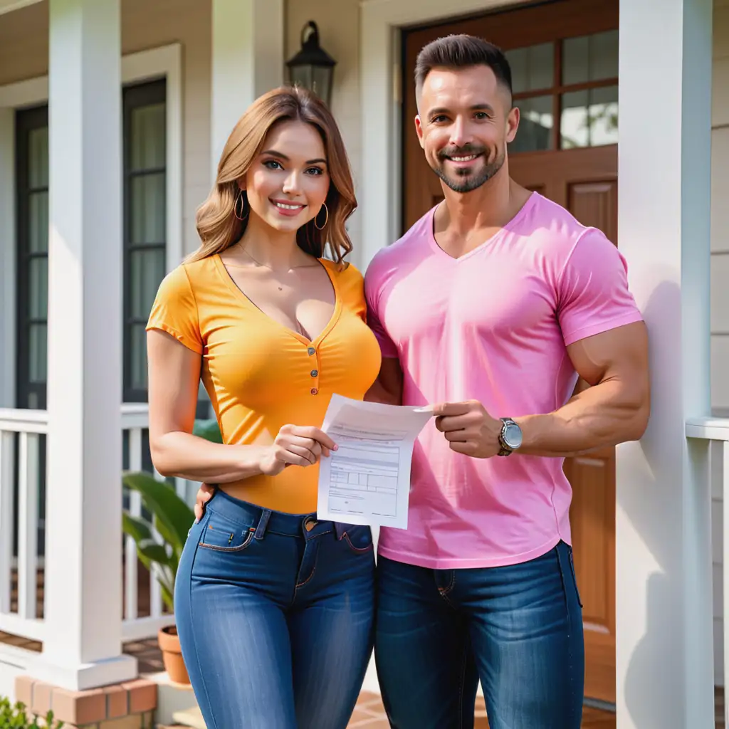 Have a husband and wife standing infront of their house holding a piece of paper showing they were approved for a personal loan The woman wears a casual bright colored blouse with a hint of cleavage, paired with form-fitting jeans, while the man rocks a snug-fitting t-shirt that accentuates his muscular build.

