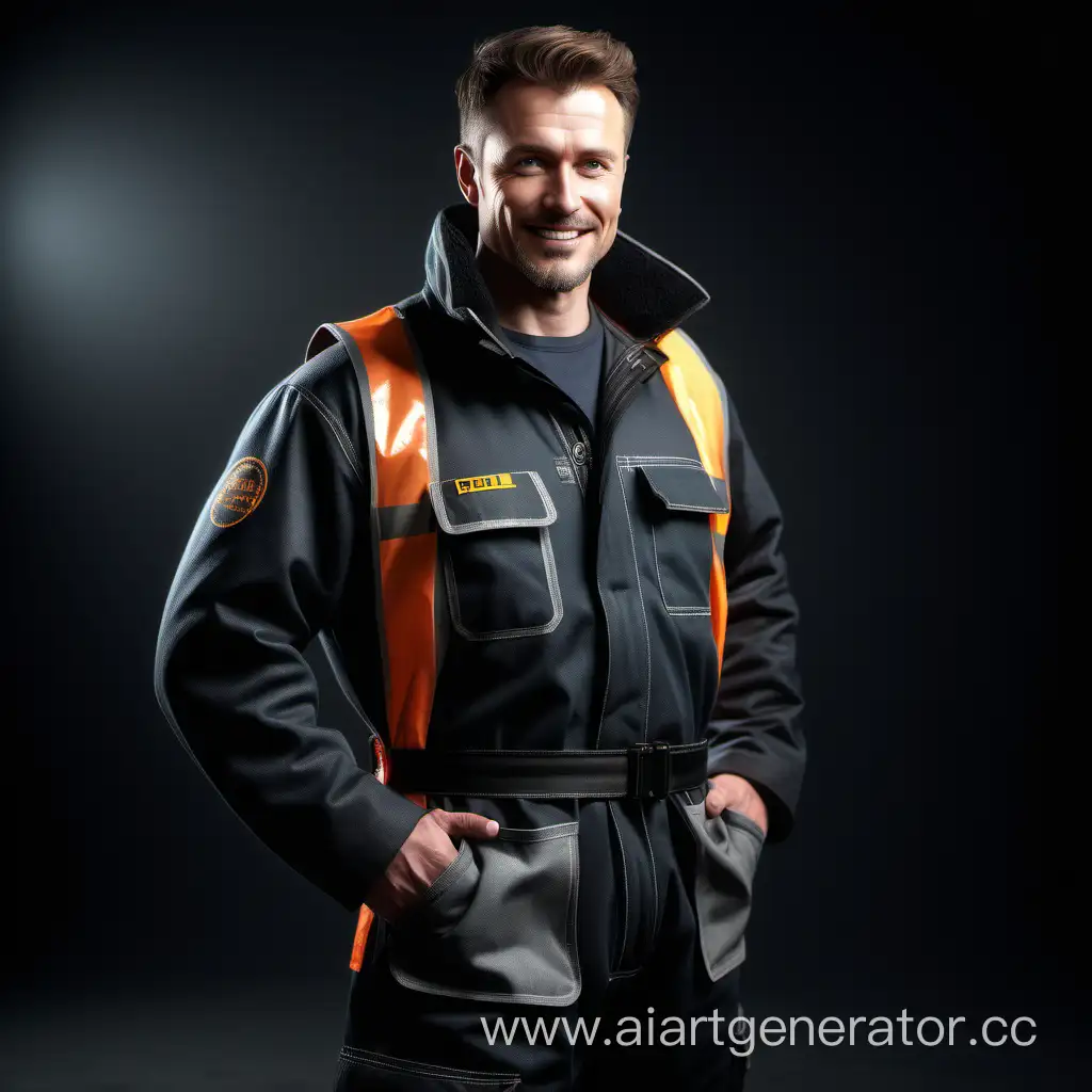 strong 30 years old nord man, full length, smile, half-profile view, wearing beautiful highly insulated workwear, black fabrics, cinematic, beautiful, elegant, atmospheric，RAW Photo, dynamic composition, G-Master Lens, Photorealistic, Hyperrealistic, Hyperdetailed, natural light, soft lighting, masterpiece, best quality, ultra realistic, 8k, Intricate, High Detail in julie bell style